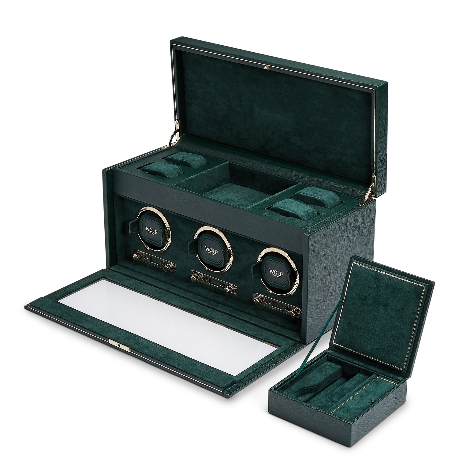 WOLF British Racing Triple Watch Winder with Storage in green leather, featuring three slots, an open lid, and a matching smaller box beside it.