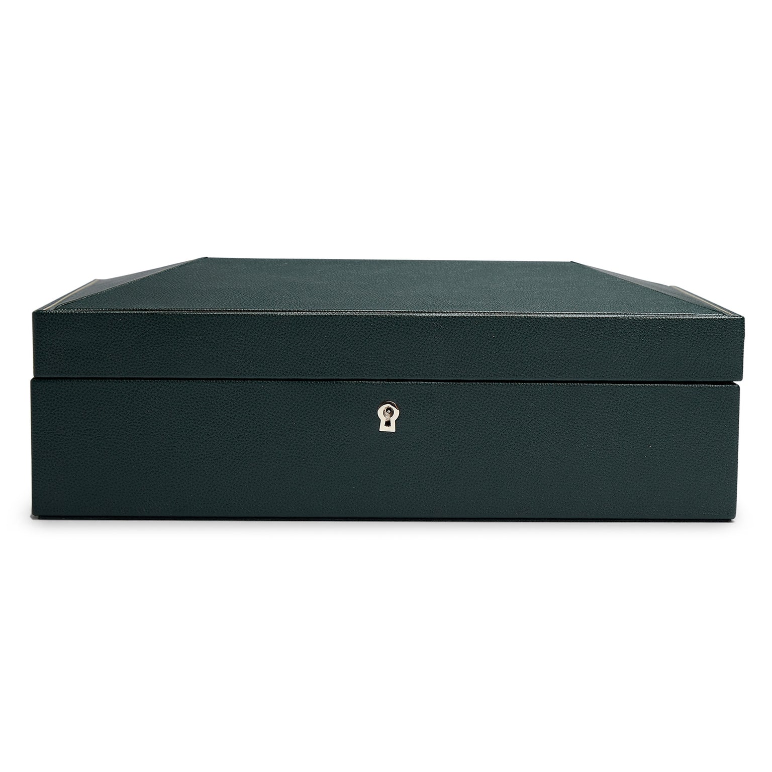 The WOLF British Racing 10 Piece Watch Box is a closed dark green leather case with a keyhole on the front, shown from the front view.