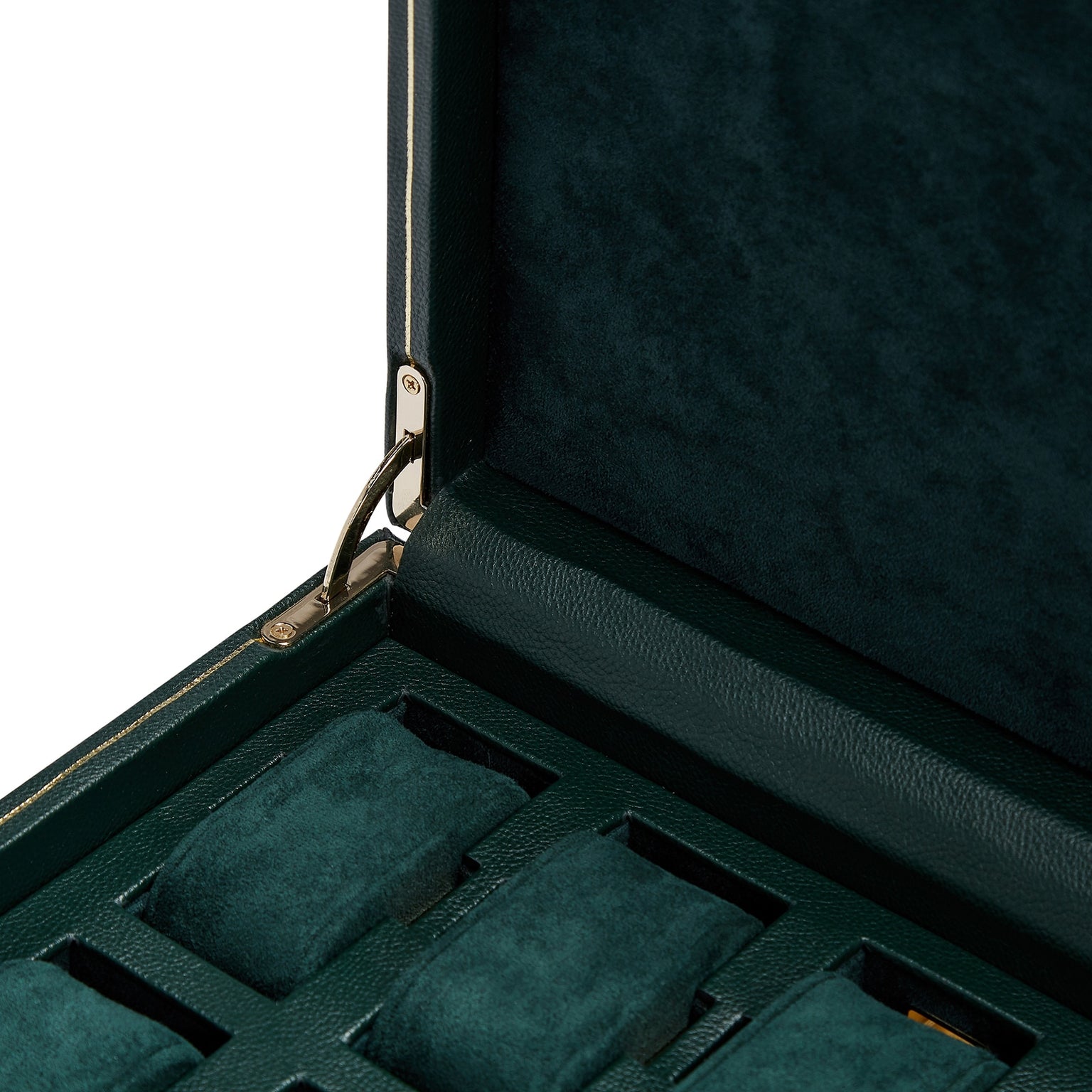 The WOLF British Racing 10 Piece Watch Box features a green velvet-lined interior with padded slots and a metal hinge visible in the corner.