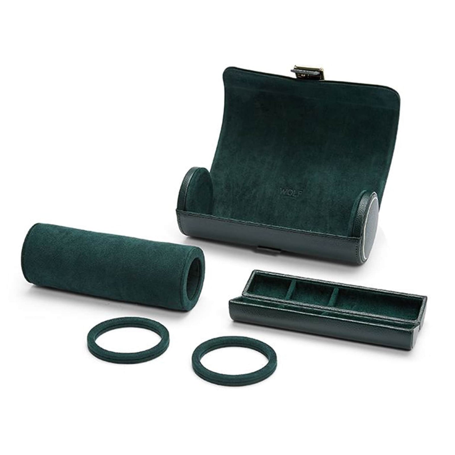 The WOLF British Racing Triple Watch Roll is a green velvet travel case featuring a removable tray and two separate circular inserts.