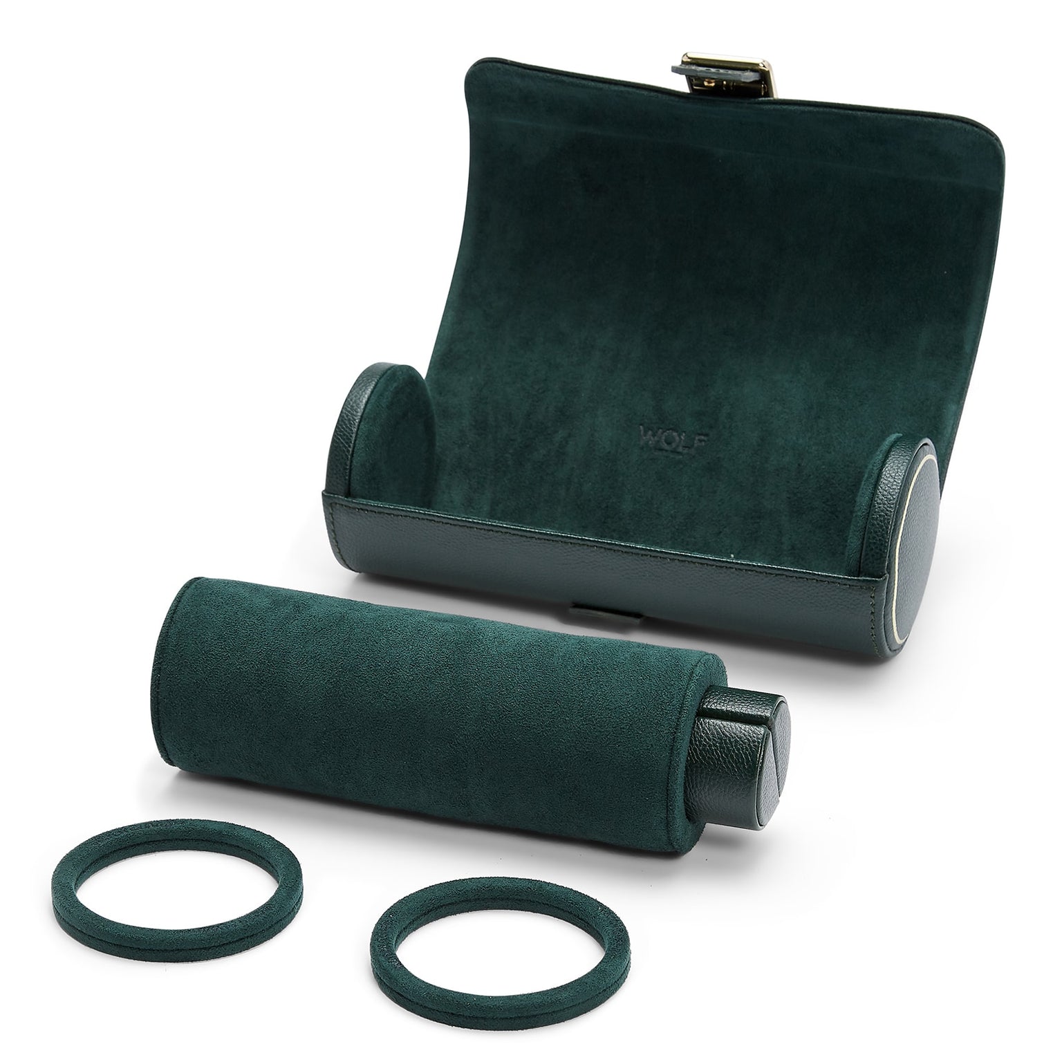 The WOLF British Racing Triple Watch Roll in green suede is shown with its lid open, featuring an inner tube and two circular padded inserts.