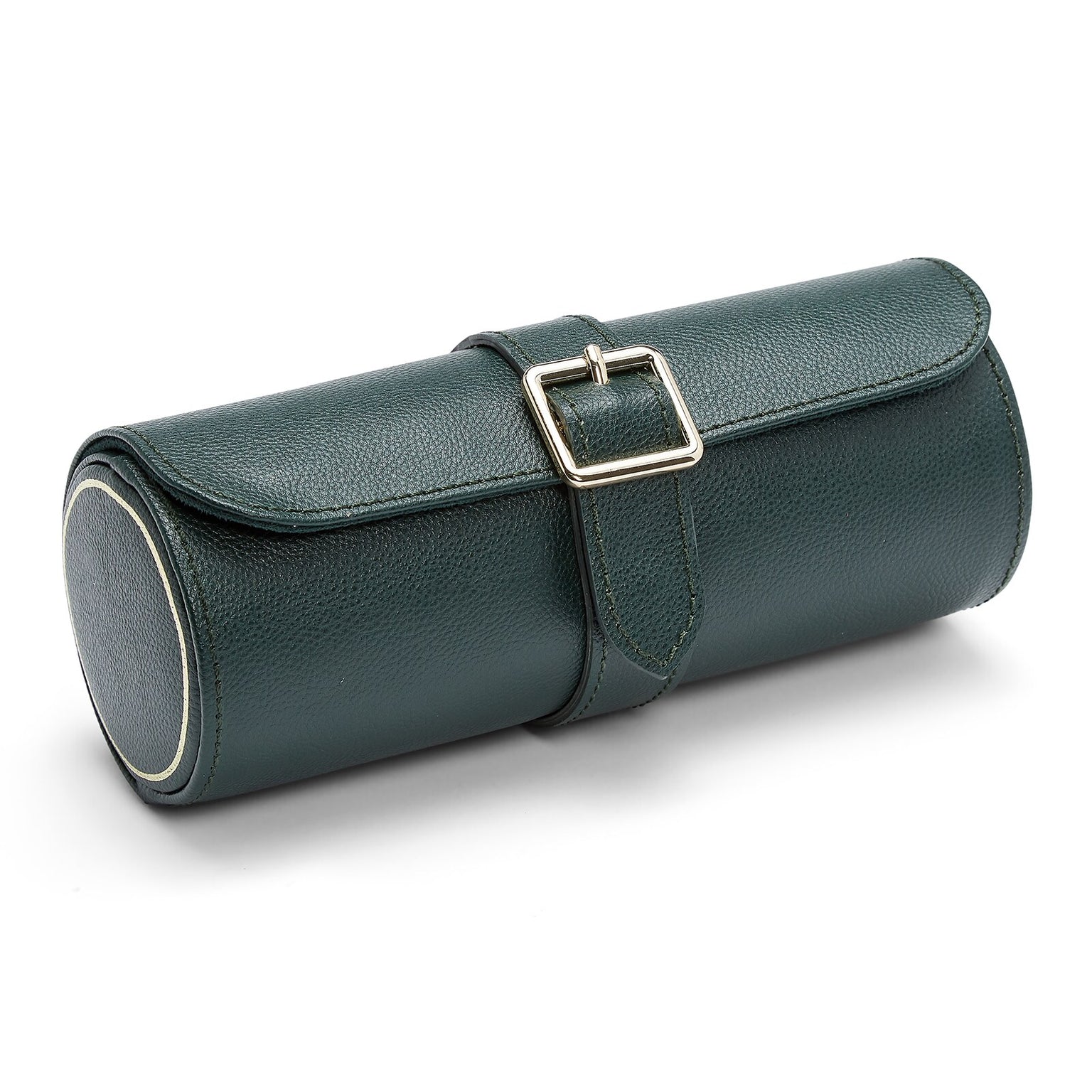 The WOLF British Racing Triple Watch Roll is a dark green leather cylindrical case with a strap and silver buckle, displayed on a white background.