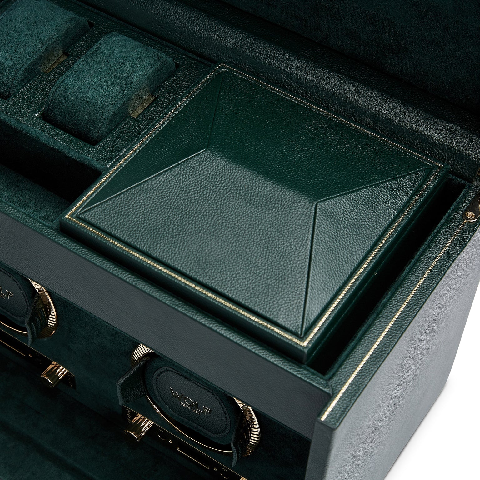 WOLF British Racing Double Watch Winder with Storage features dark green leather, gold accents, compartments, two watch holders, and a covered section.