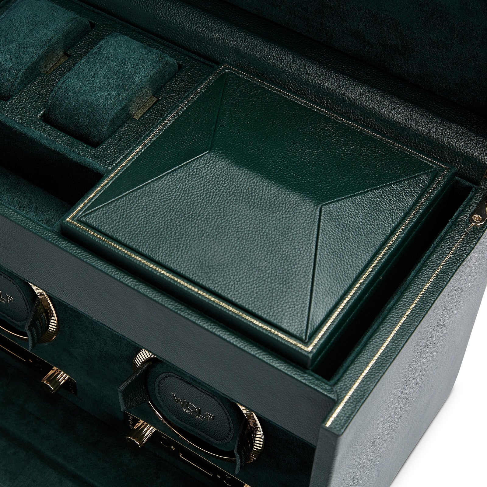 WOLF British Racing Double Watch Winder with Storage features dark green leather, gold accents, compartments, two watch holders, and a covered section.