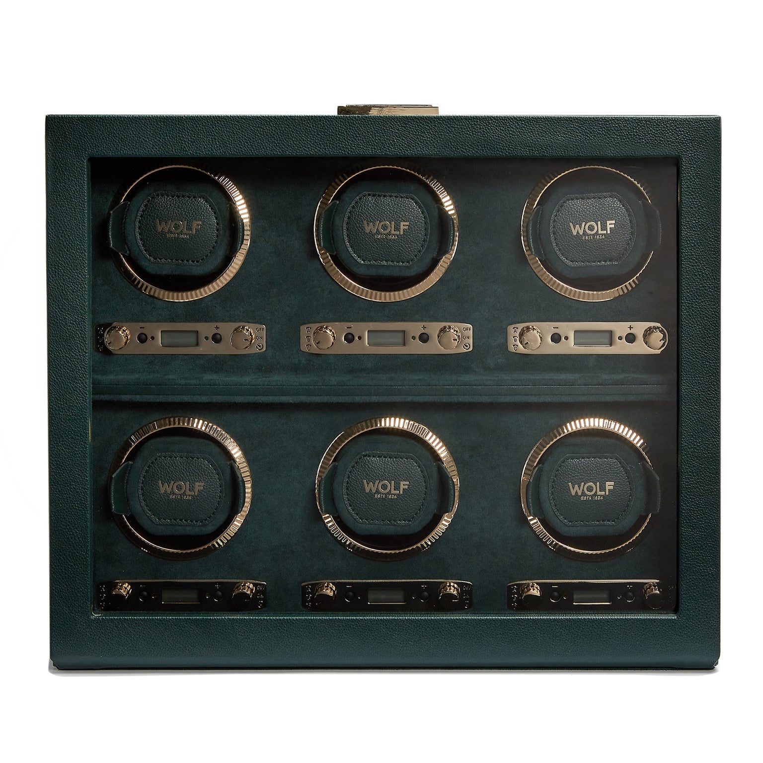 The WOLF British Racing 6 Piece Watch Winder features six circular watch slots, each labeled WOLF, with convenient electronic controls below.