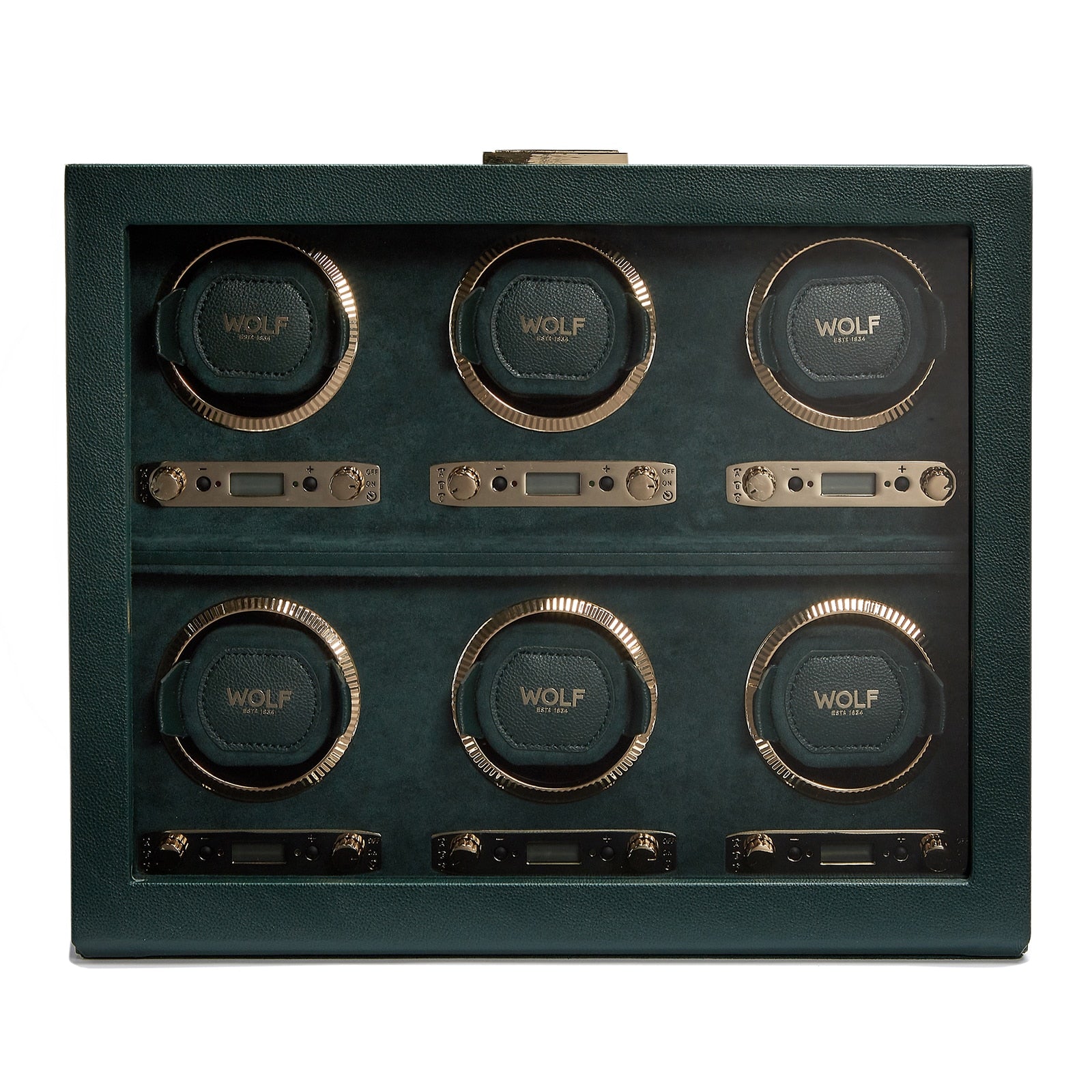 The WOLF British Racing 6 Piece Watch Winder features six circular watch slots, each labeled WOLF, with convenient electronic controls below.