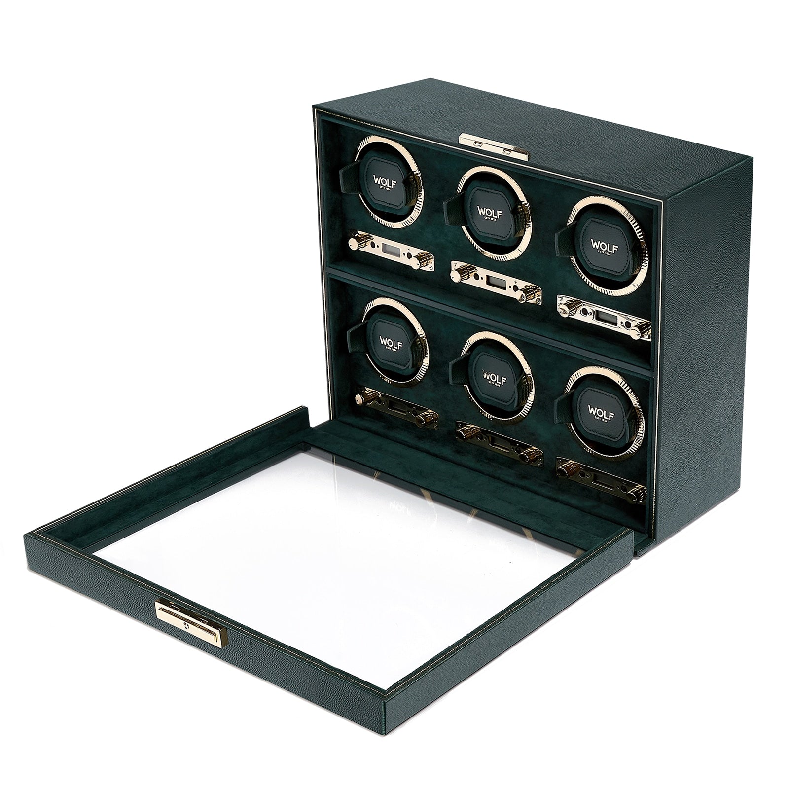 The WOLF British Racing 6 Piece Watch Winder is a dark green leather box with a glass lid, featuring six winding slots arranged in three rows of two.