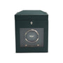A green WOLF British Racing Single Watch Winder with Storage features a glass front, the WOLF logo, and a lock symbol above.