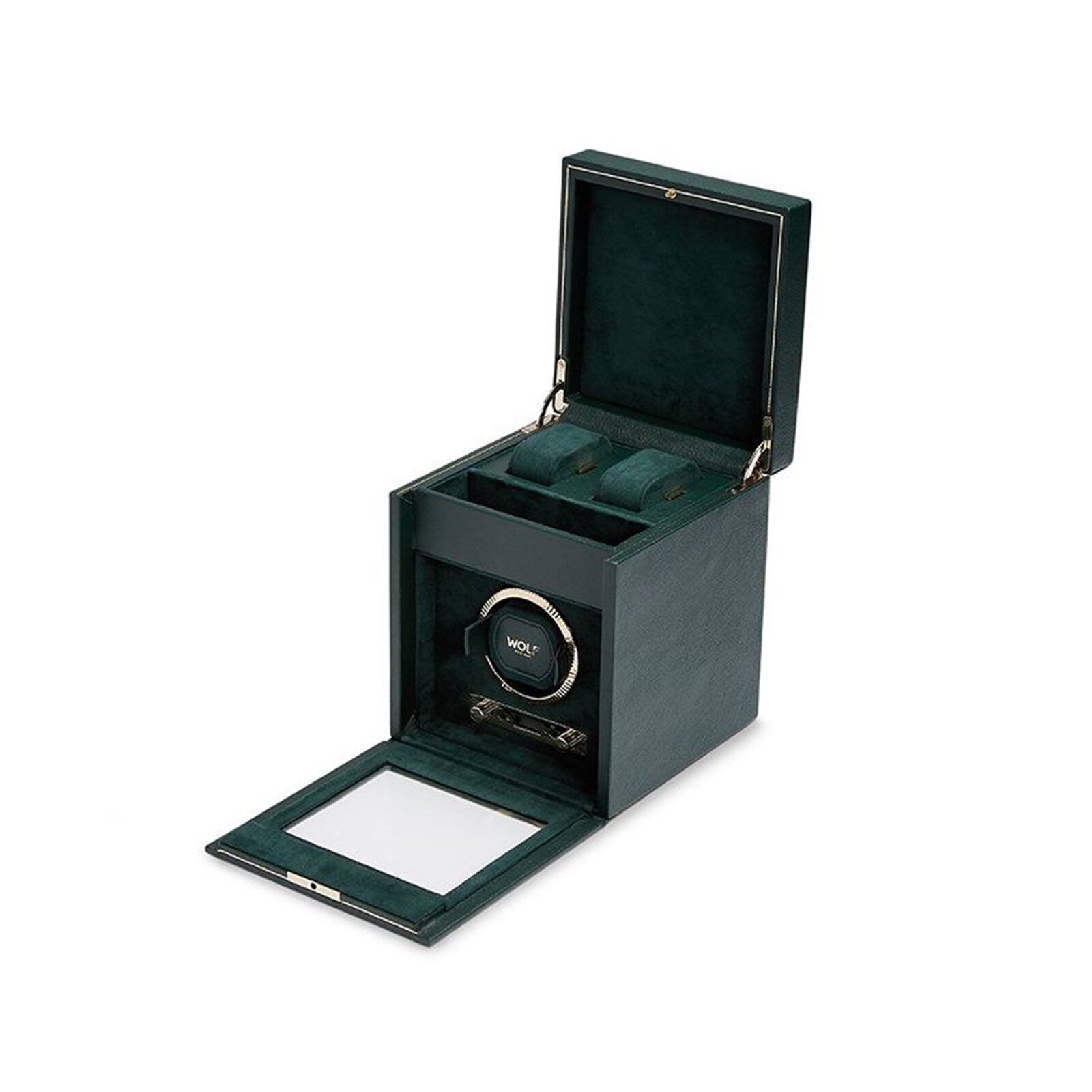 The WOLF British Racing Single Watch Winder with Storage is shown in dark green with the lid open, displaying a watch and cushioned holders inside.