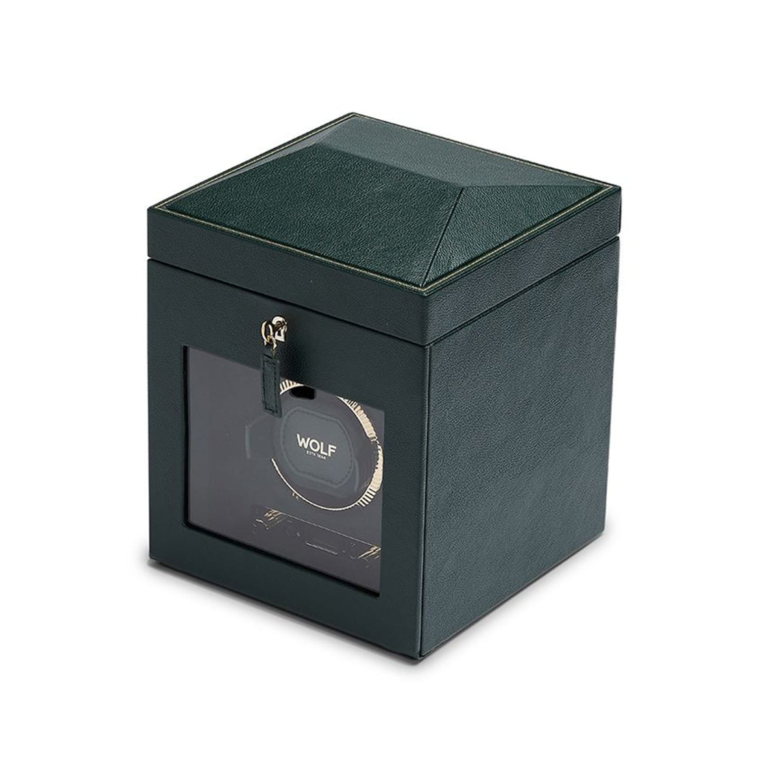 WOLF British Racing Single Watch Winder with Storage: dark green, square design with glass front showcasing one watch inside.
