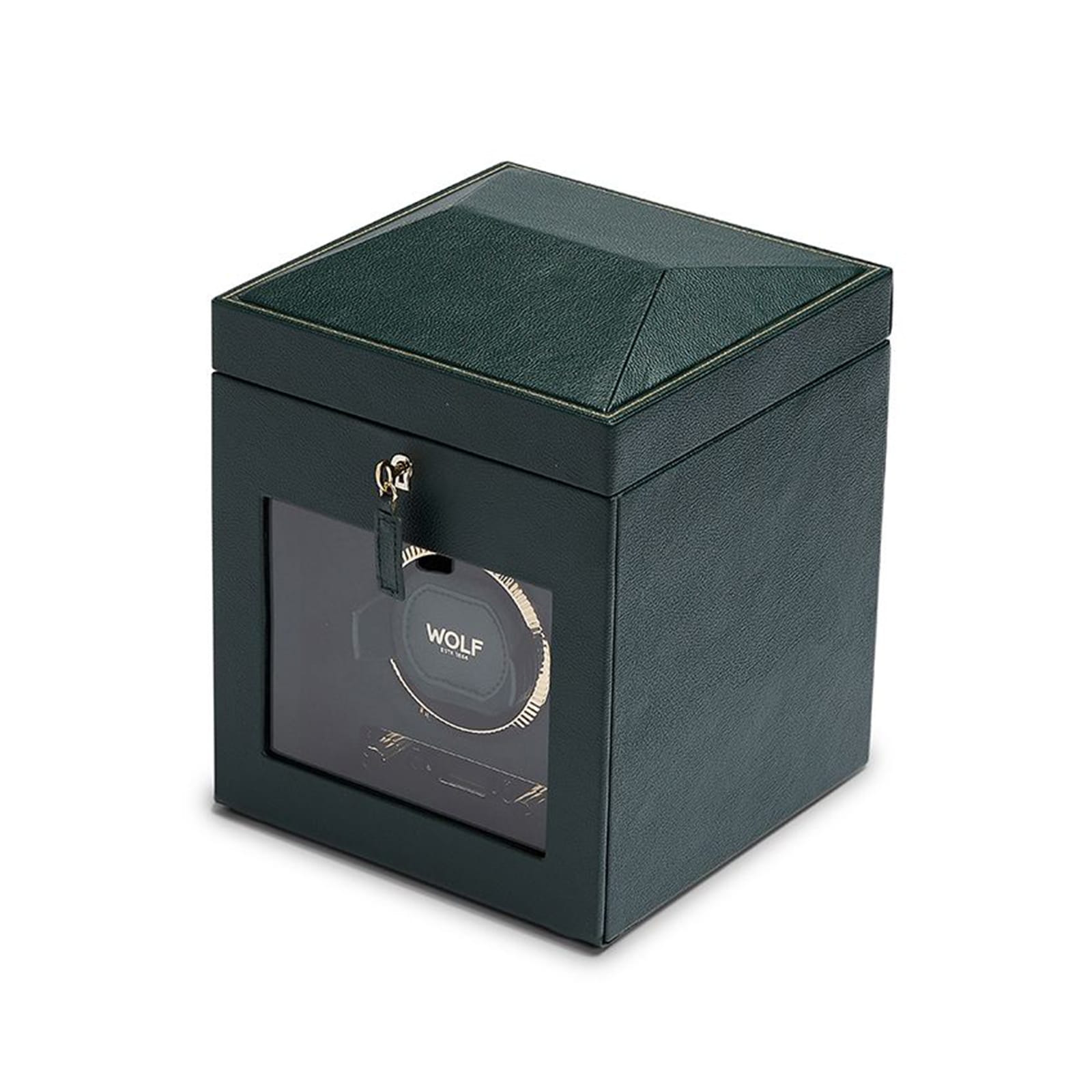 WOLF British Racing Single Watch Winder with Storage: dark green, square design with glass front showcasing one watch inside.