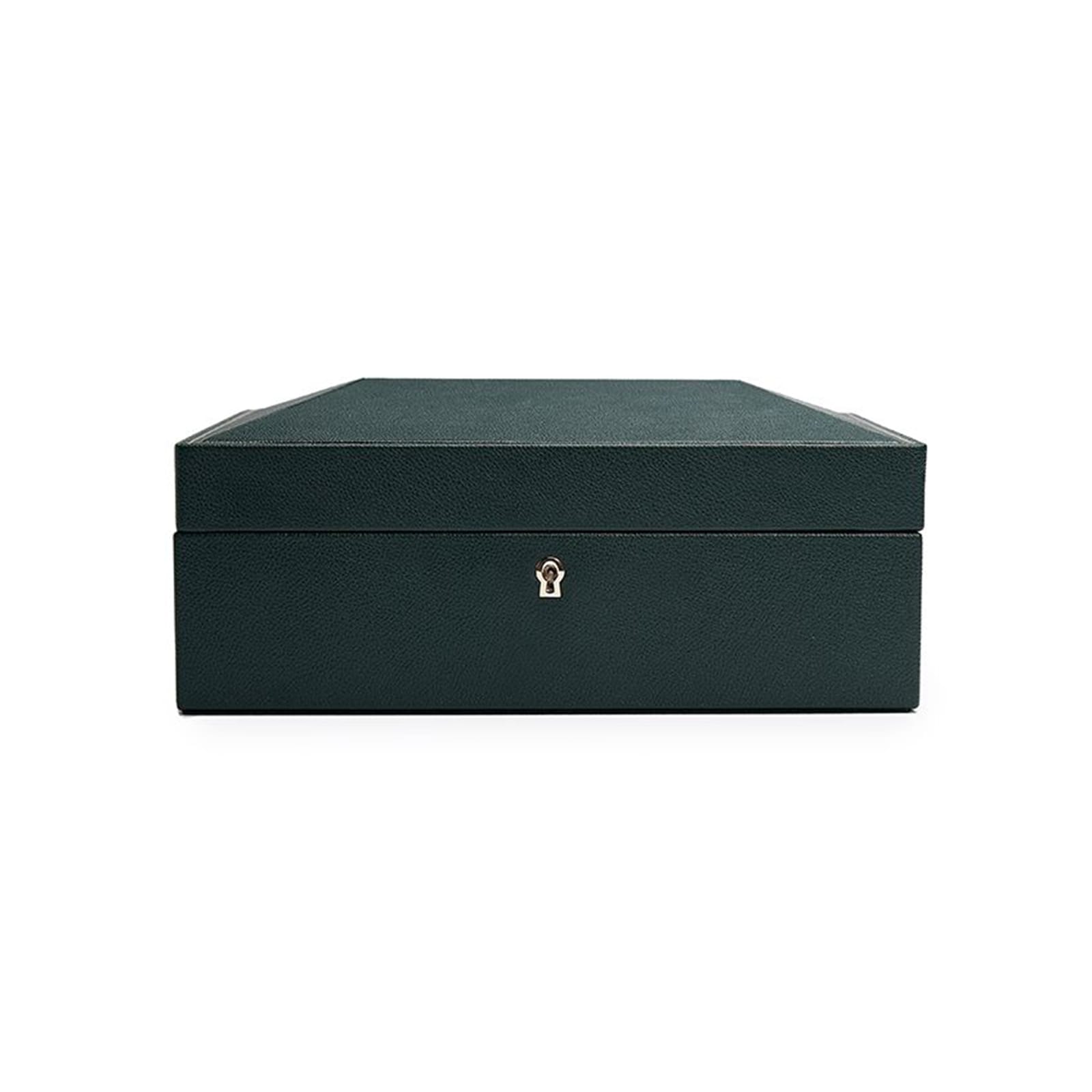 The WOLF British Racing 8 Piece Watch Box, shown closed against a white background, features a dark green rectangular design with a lock keyhole.
