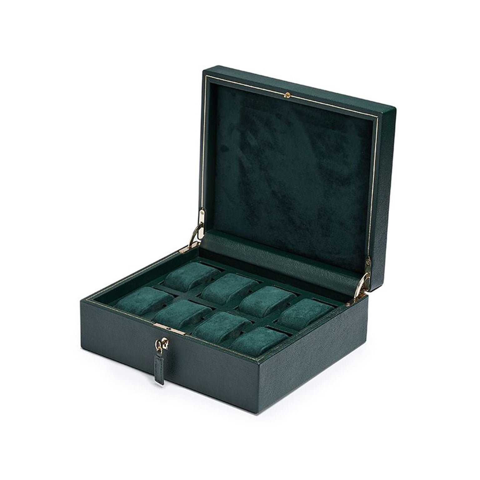 The WOLF British Racing 8 Piece Watch Box in dark green, featuring velvet-lined compartments, is displayed open on a white background.