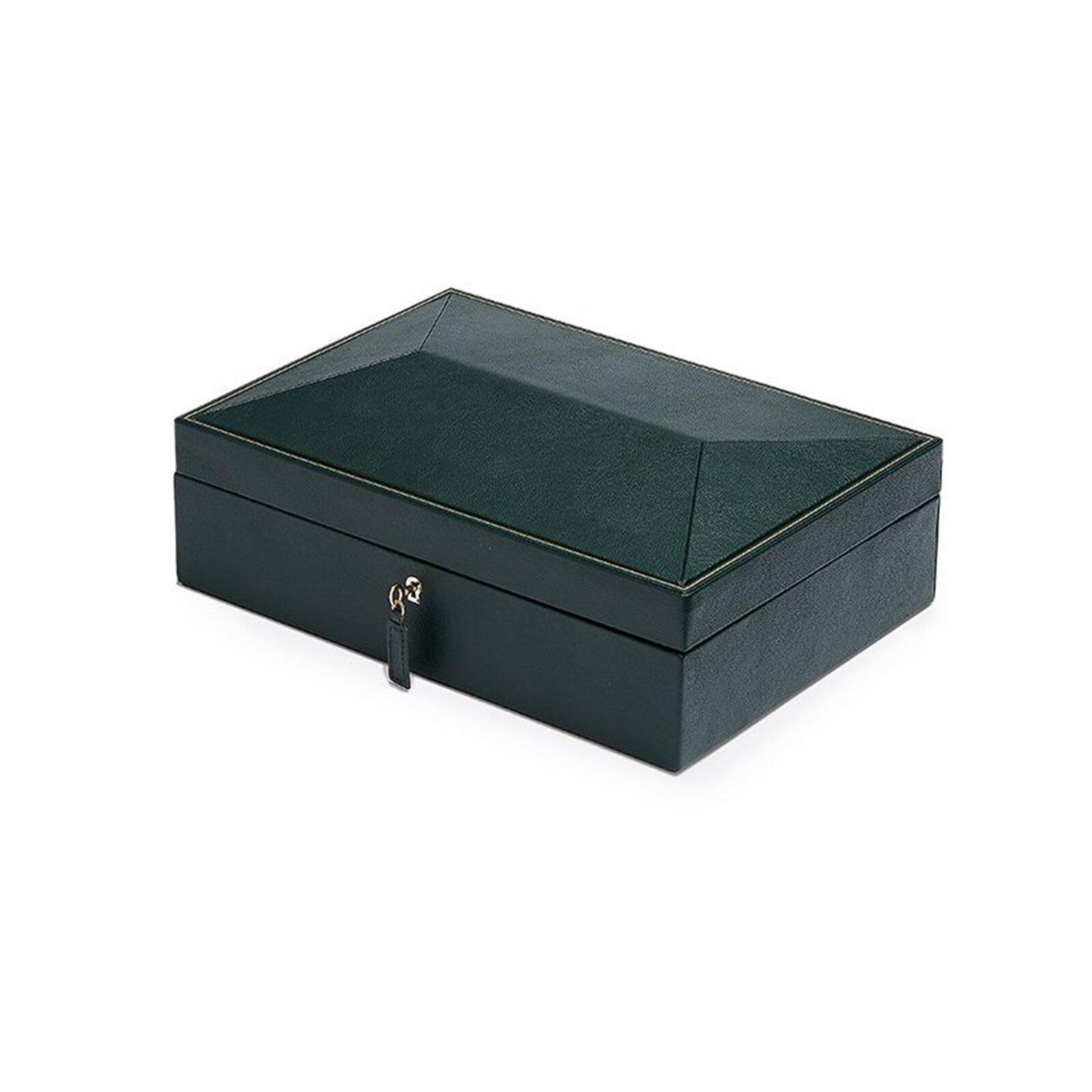 The WOLF British Racing 8 Piece Watch Box is a closed, dark green rectangular case with gold trim and a small key in the lock.