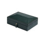 The WOLF British Racing 8 Piece Watch Box is a closed, dark green rectangular case with gold trim and a small key in the lock.