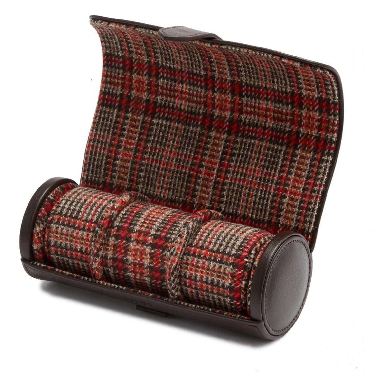 The WOLF WM Brown Watch Roll with Cigar Case, shown open and empty, features a plaid fabric cover and brown leather trim.