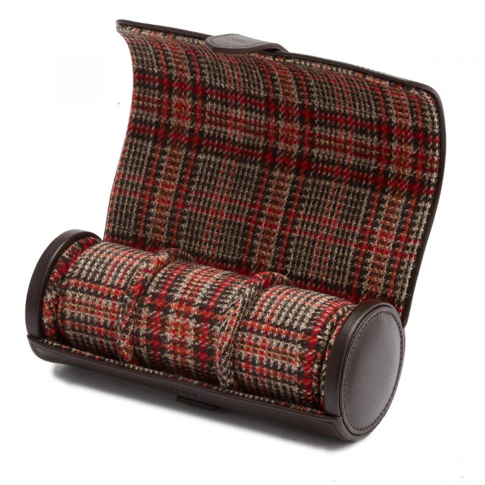 The WOLF WM Brown Watch Roll with Cigar Case, shown open and empty, features a plaid fabric cover and brown leather trim.