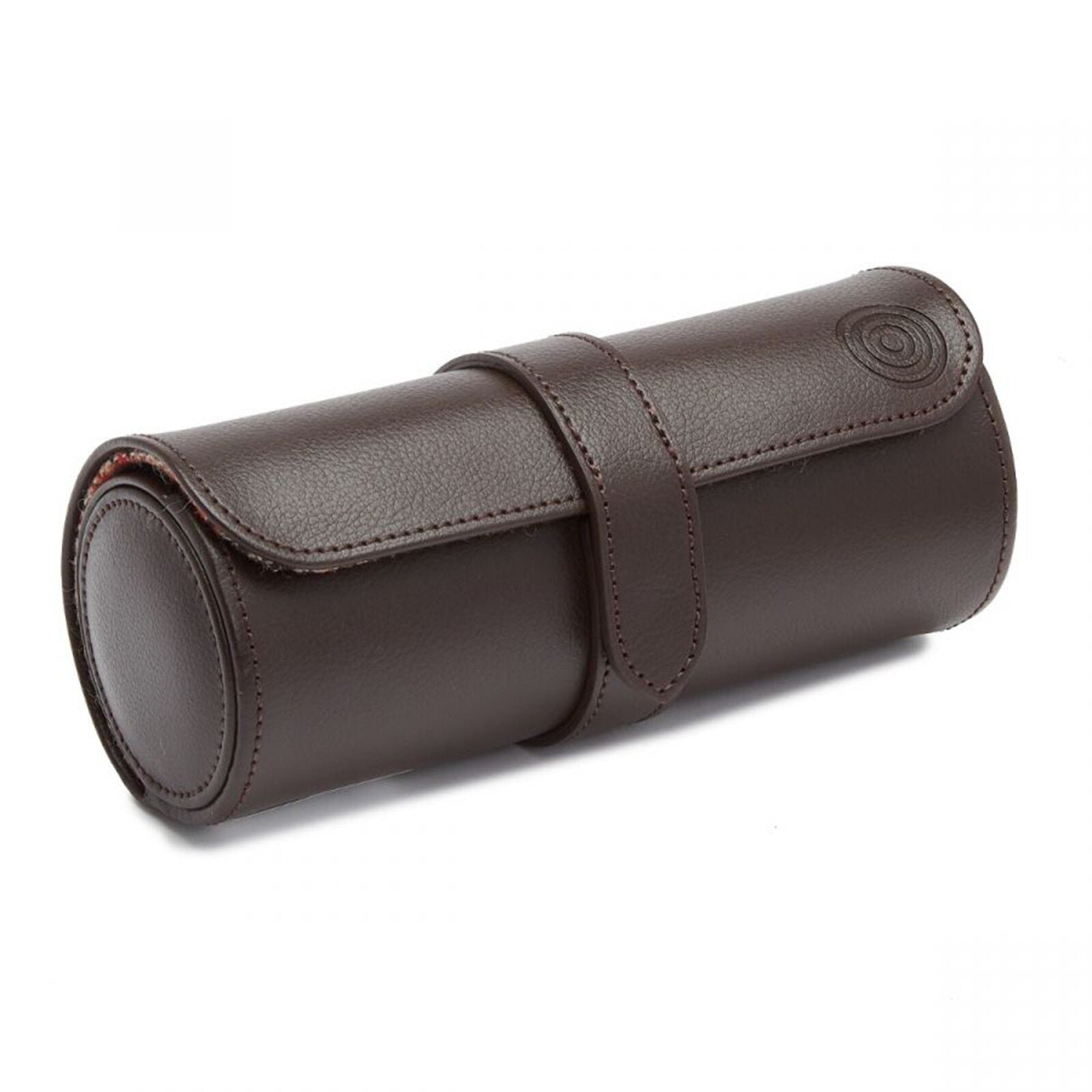 The WOLF WM Brown Watch Roll with Cigar Case is a brown leather cylindrical case featuring a flap closure and stitched detailing.