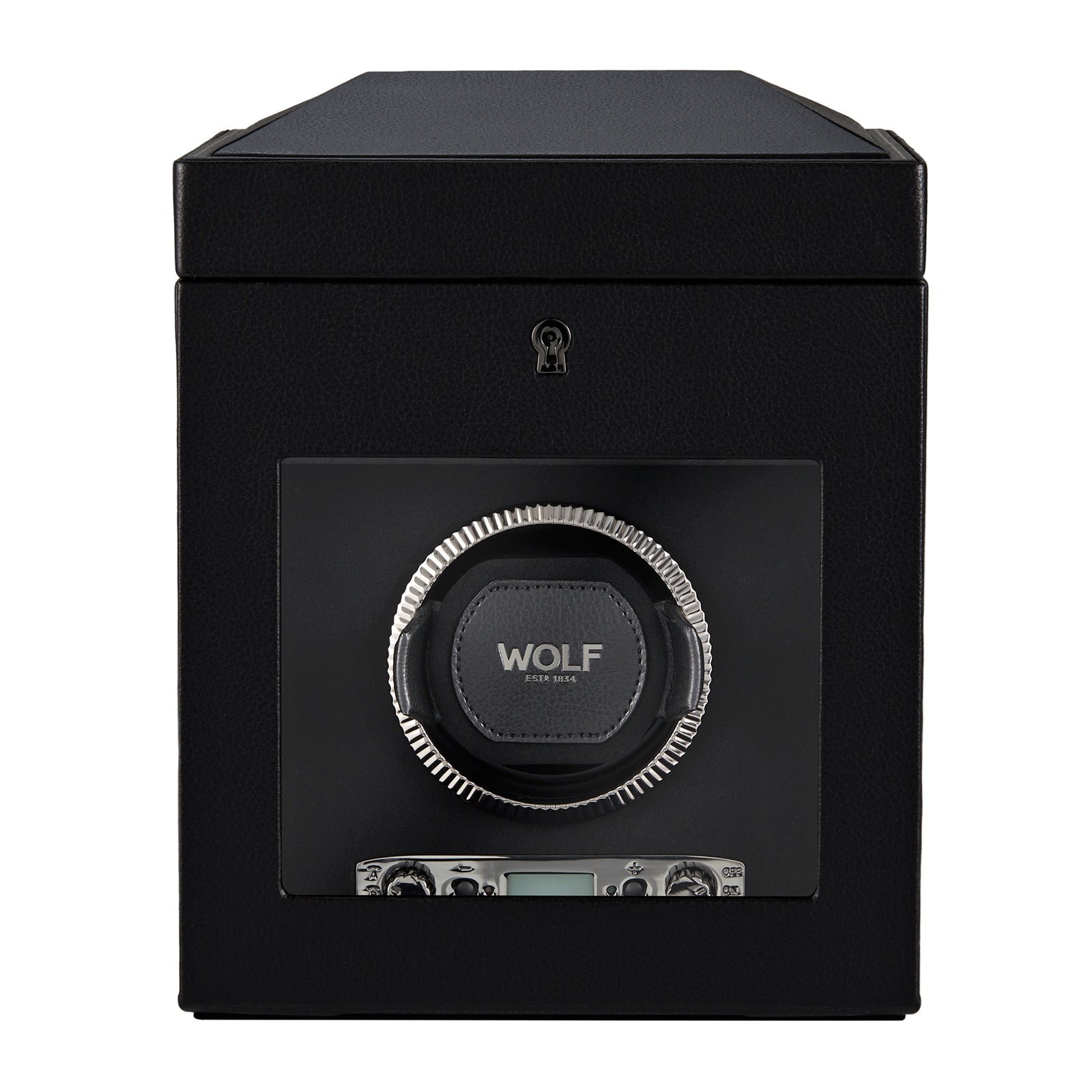 A black WOLF British Racing Single Watch Winder with storage, featuring a dial, digital display, and a keyhole above the front lock.