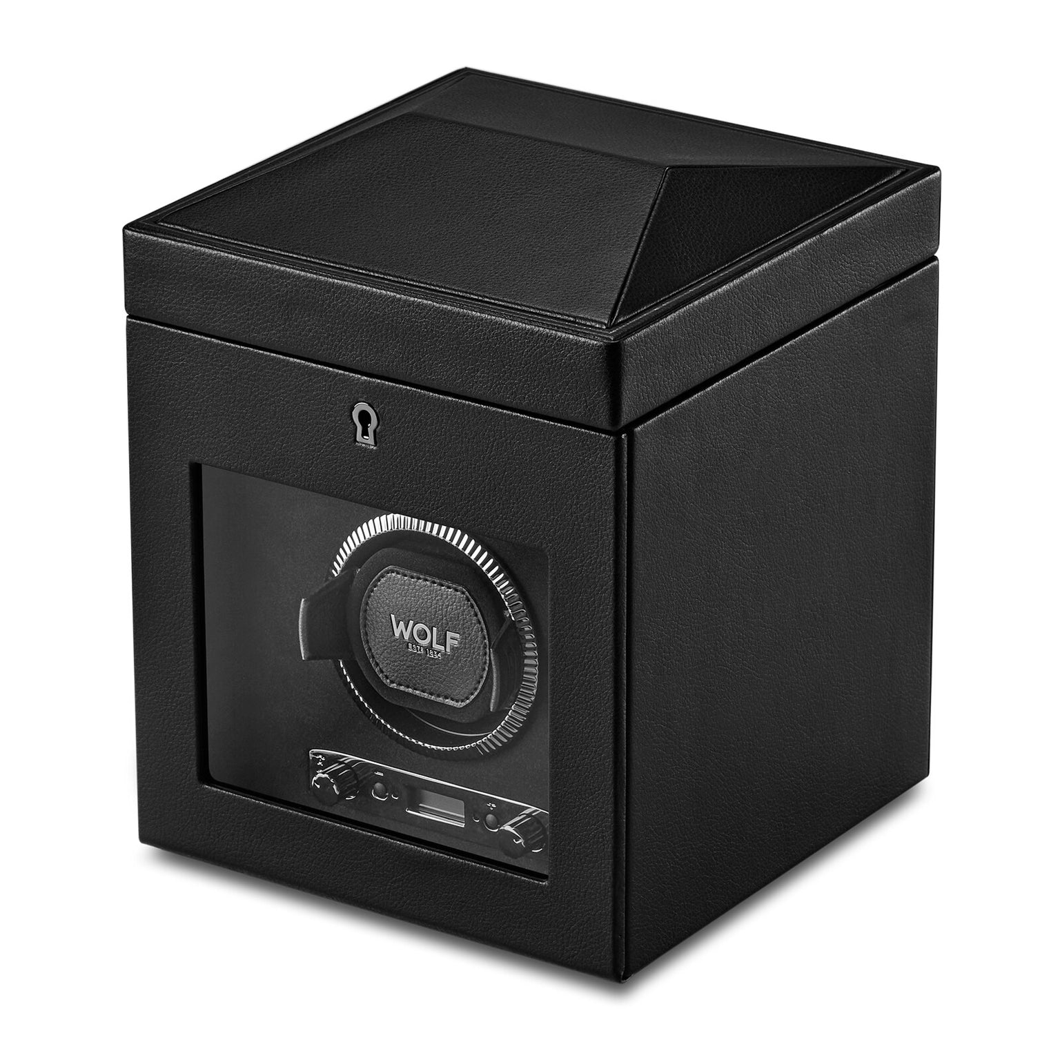WOLF British Racing Single Watch Winder with Storage features a glass front and a visible rotating mechanism inside.