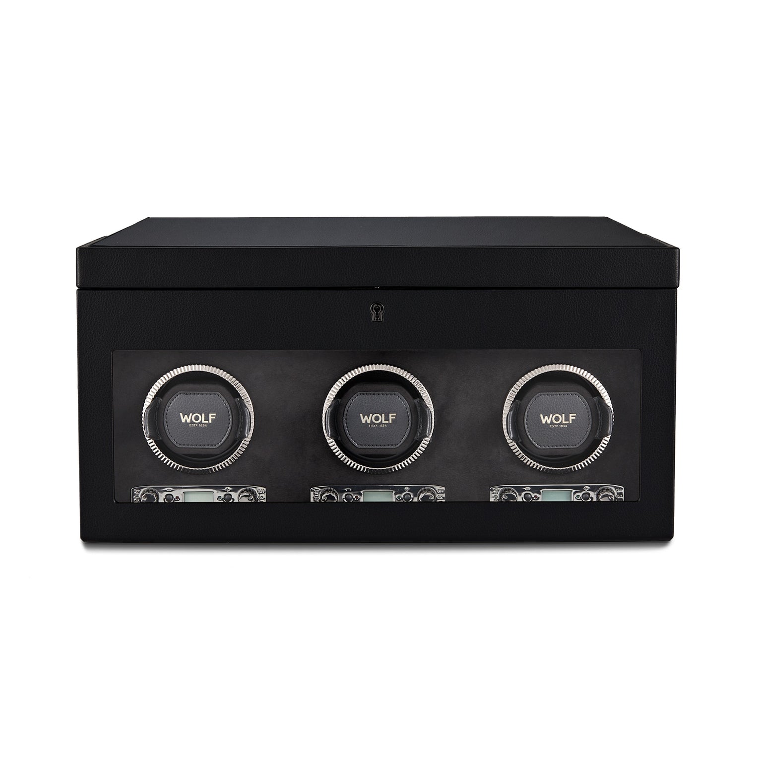 The WOLF British Racing Triple Watch Winder with Storage features a black rectangular design, three circular watch slots, each marked with the WOLF logo, and a glass front panel.