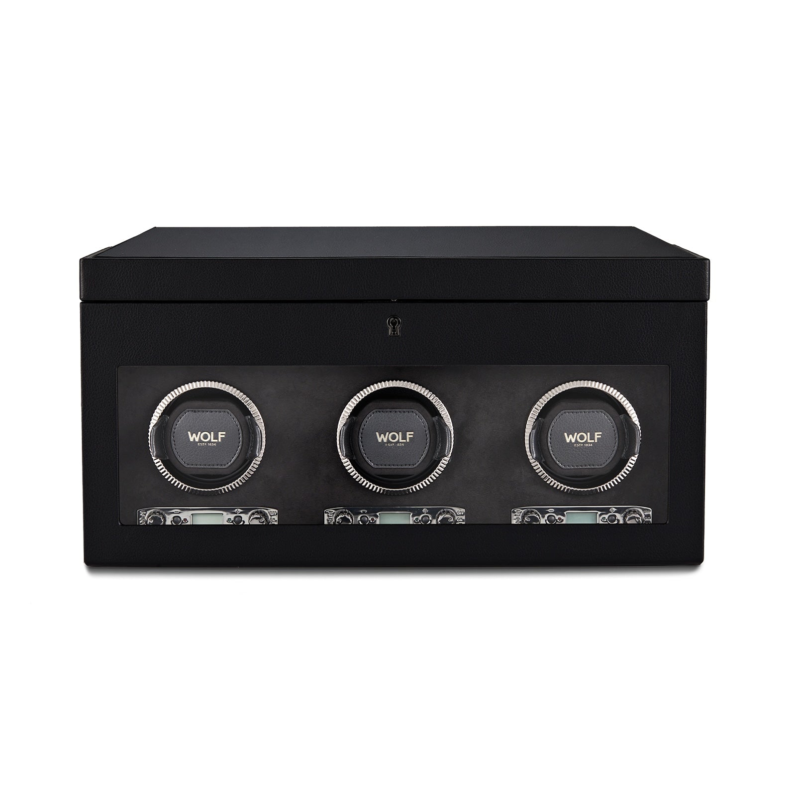 The WOLF British Racing Triple Watch Winder with Storage features a black rectangular design, three circular watch slots, each marked with the WOLF logo, and a glass front panel.