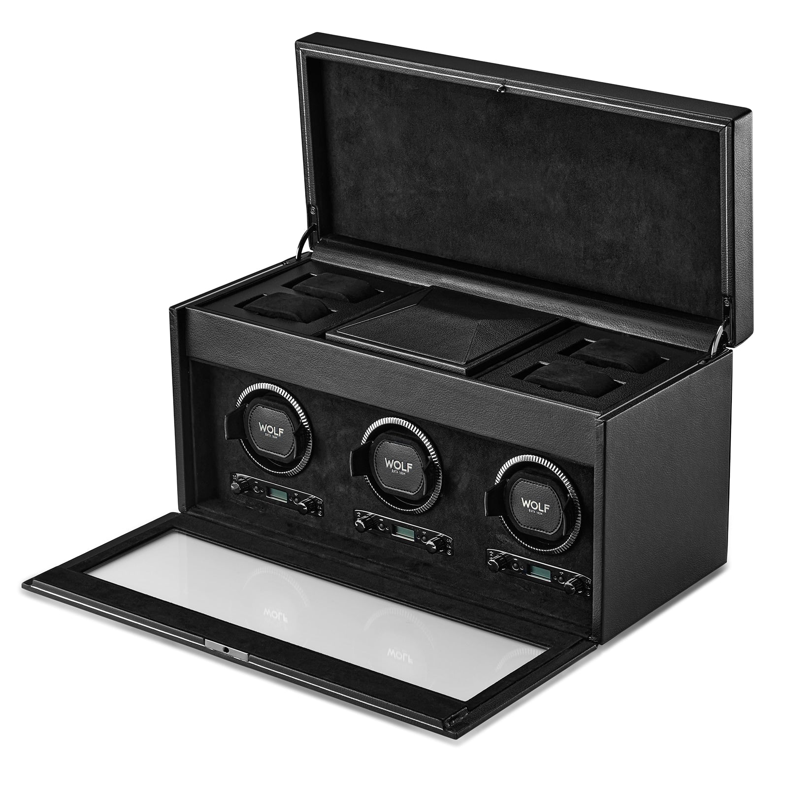 The WOLF British Racing Triple Watch Winder with Storage features an open lid, revealing three winding slots and spacious interior compartments.