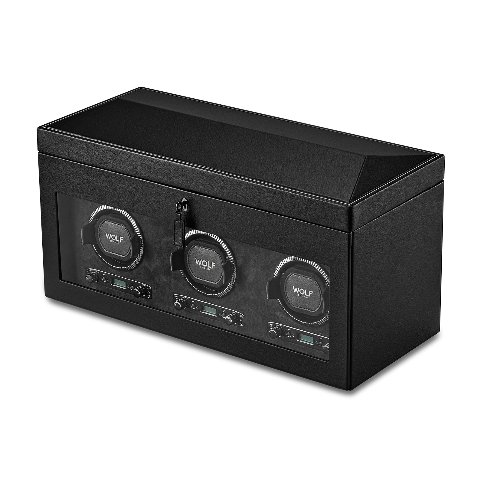 The WOLF British Racing Triple Watch Winder with Storage features three winding slots in a sleek black rectangular case with a glass front panel.