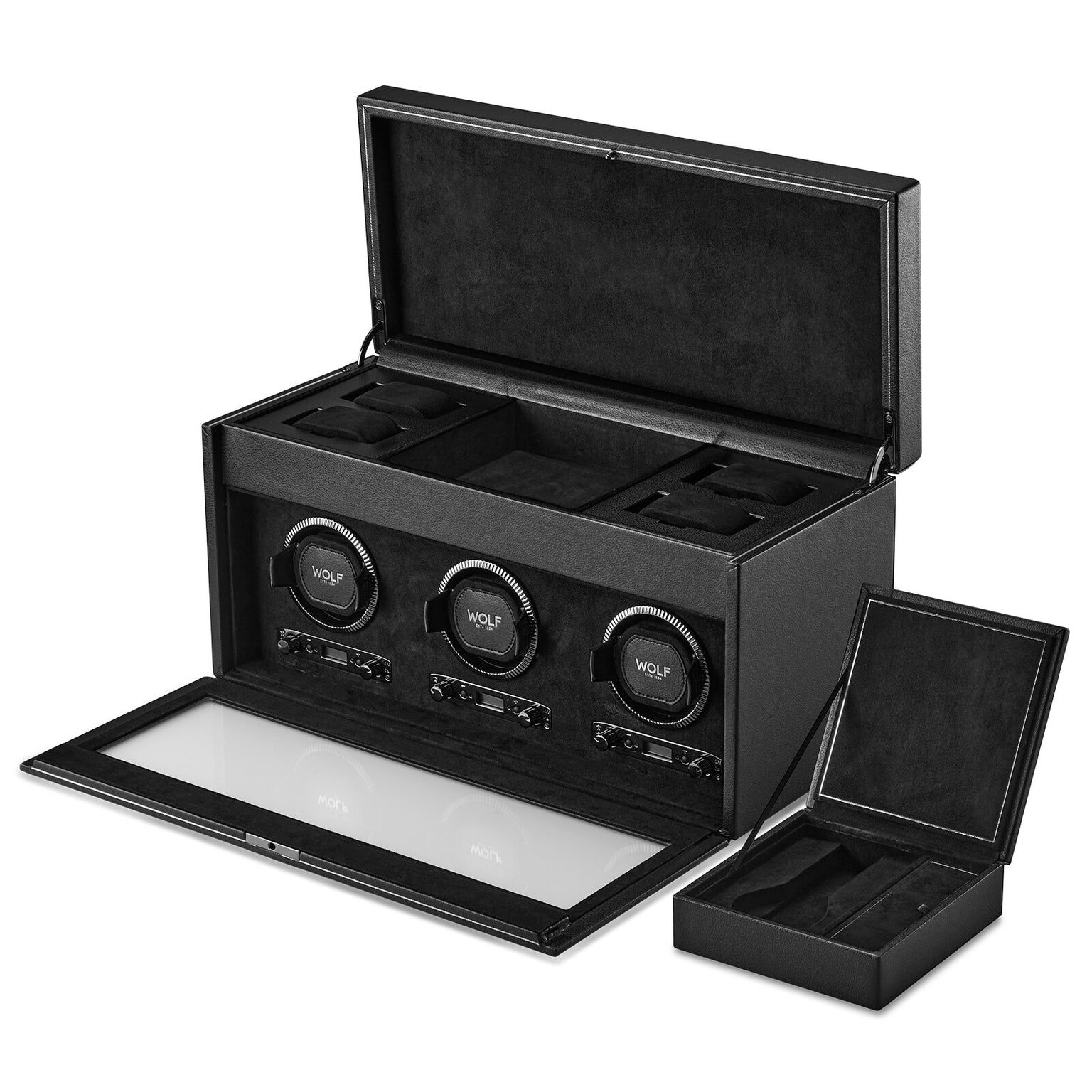 The WOLF British Racing Triple Watch Winder with Storage, shown with the lid open, features three watch slots and an attached storage box on the right.