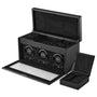The WOLF British Racing Triple Watch Winder with Storage, shown with the lid open, features three watch slots and an attached storage box on the right.