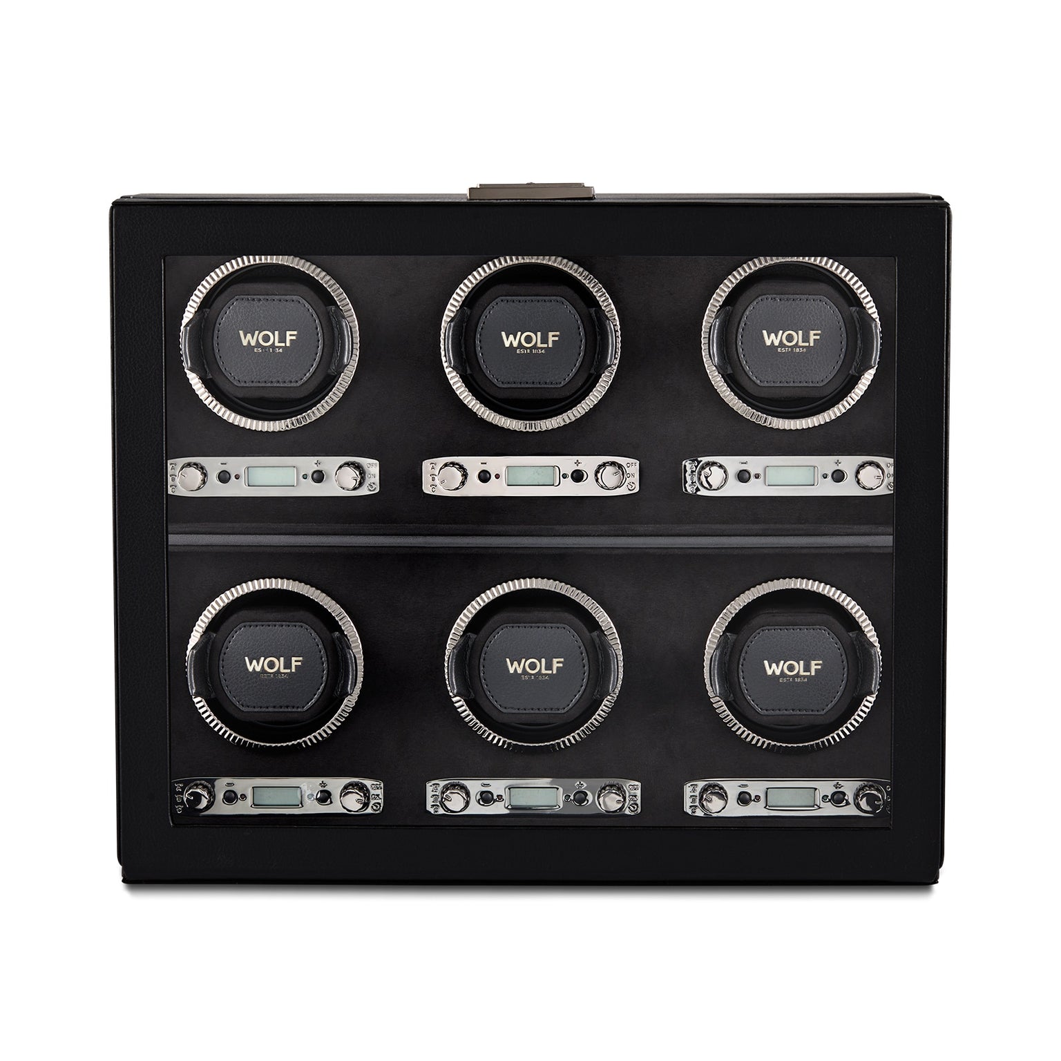 The WOLF British Racing 6 Piece Watch Winder features six circular winders with WOLF branding and digital controls below.