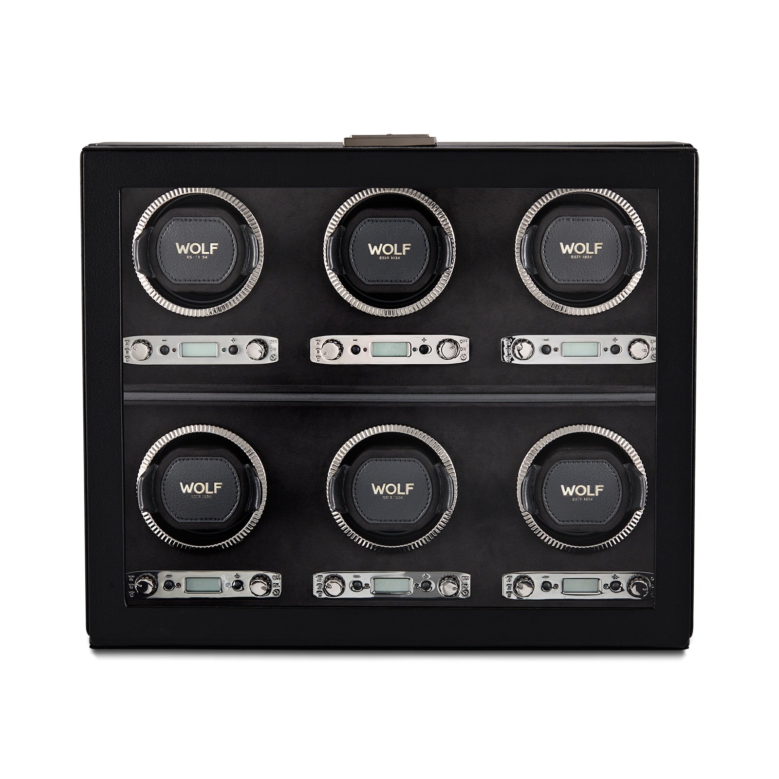 The WOLF British Racing 6 Piece Watch Winder features six circular winders with WOLF branding and digital controls below.