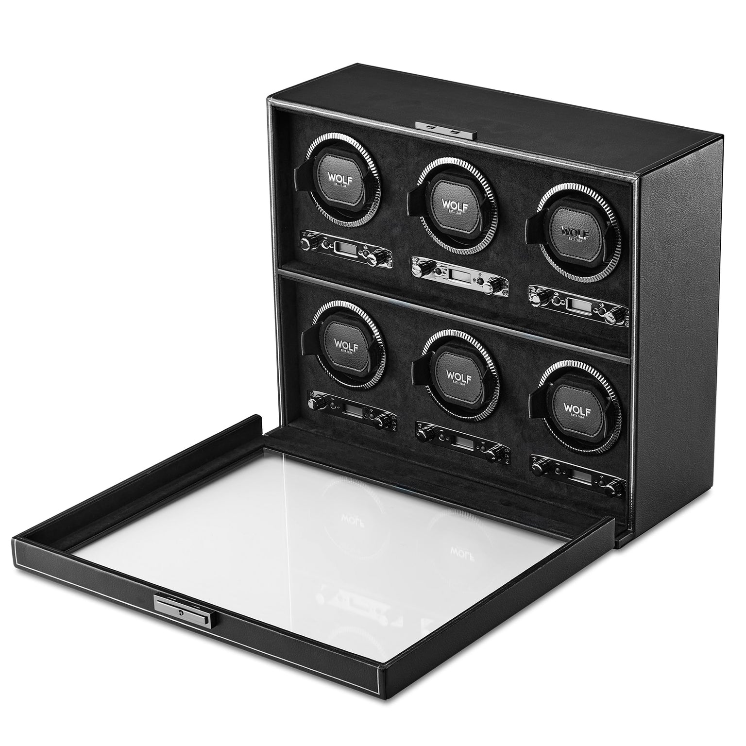 WOLF British Racing 6 Piece Watch Winder with glass cover open, showcasing six slots for winding and storing watches.