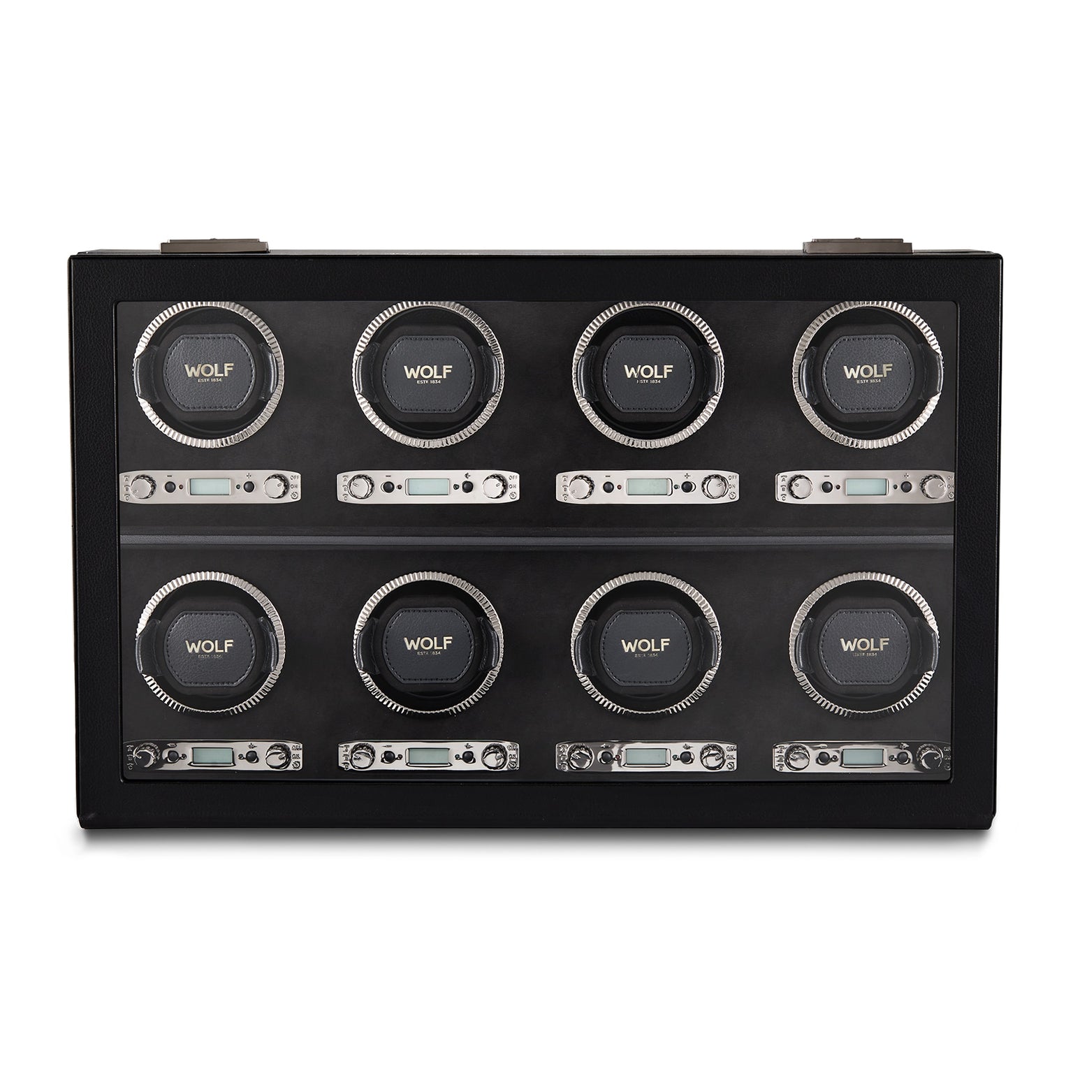 The WOLF British Racing 8 Piece Watch Winder is a black rectangular case featuring eight individual circular slots arranged in two rows.