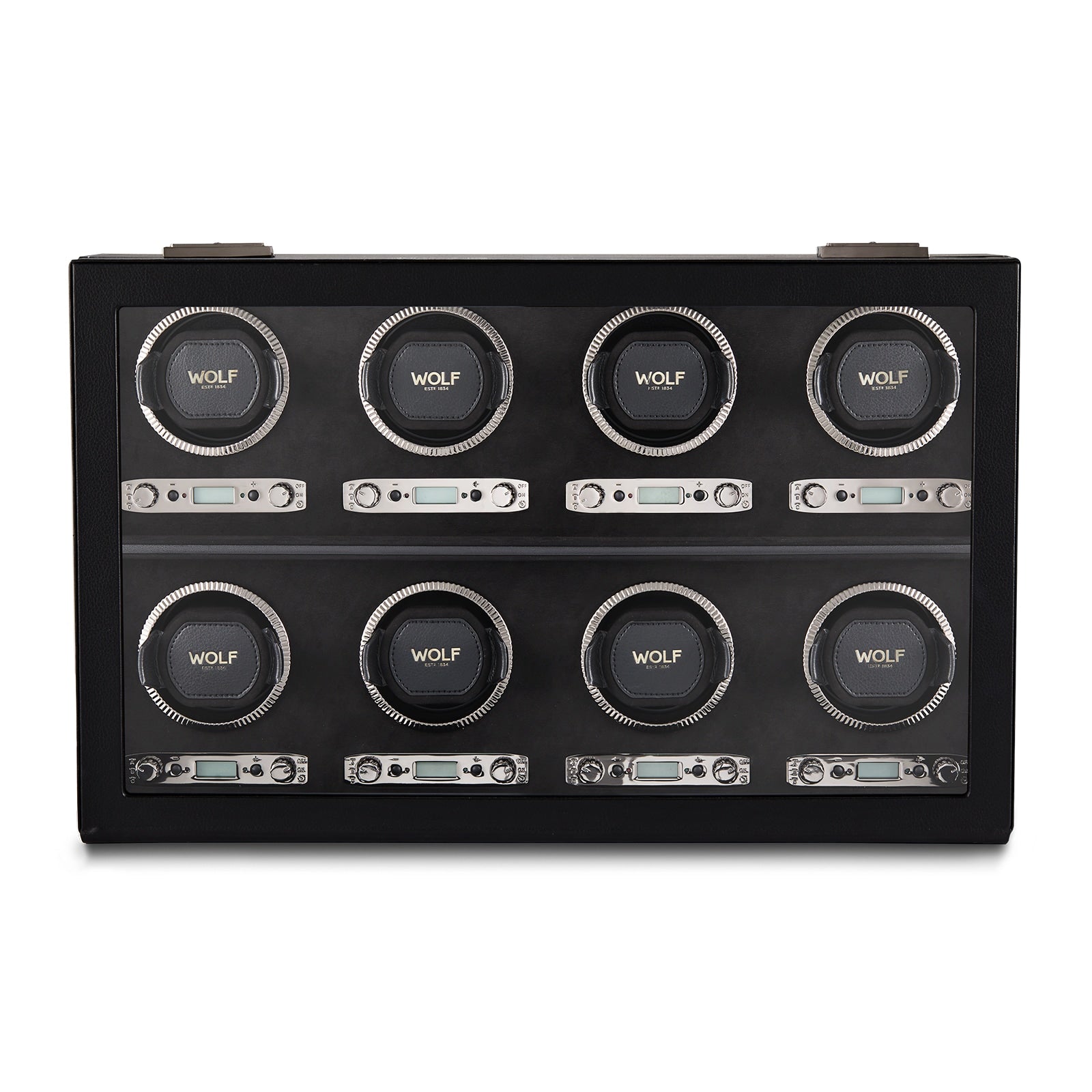 The WOLF British Racing 8 Piece Watch Winder is a black rectangular case featuring eight individual circular slots arranged in two rows.