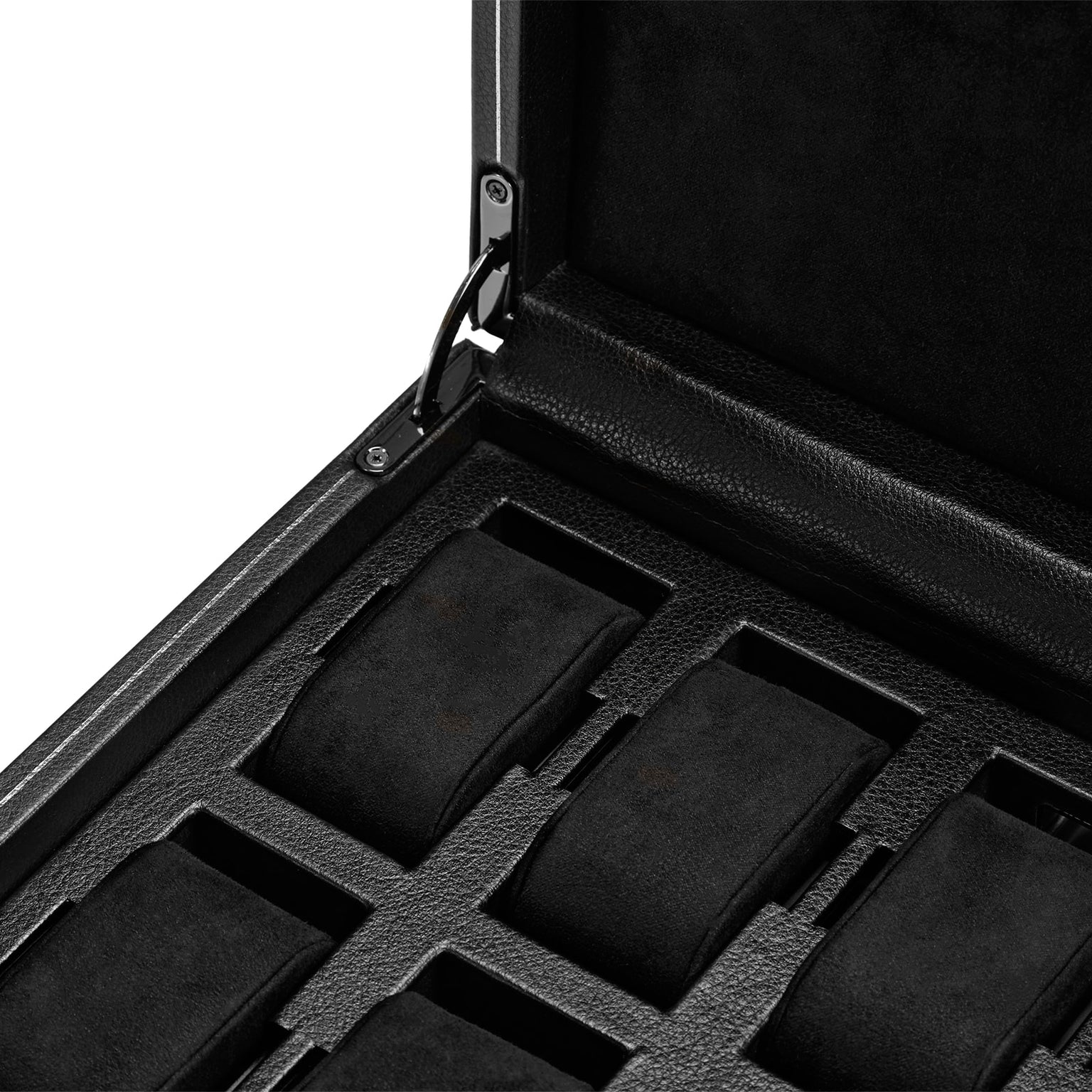 The WOLF British Racing 8 Piece Watch Box features an open black leather design with multiple empty compartments and black cushions inside.