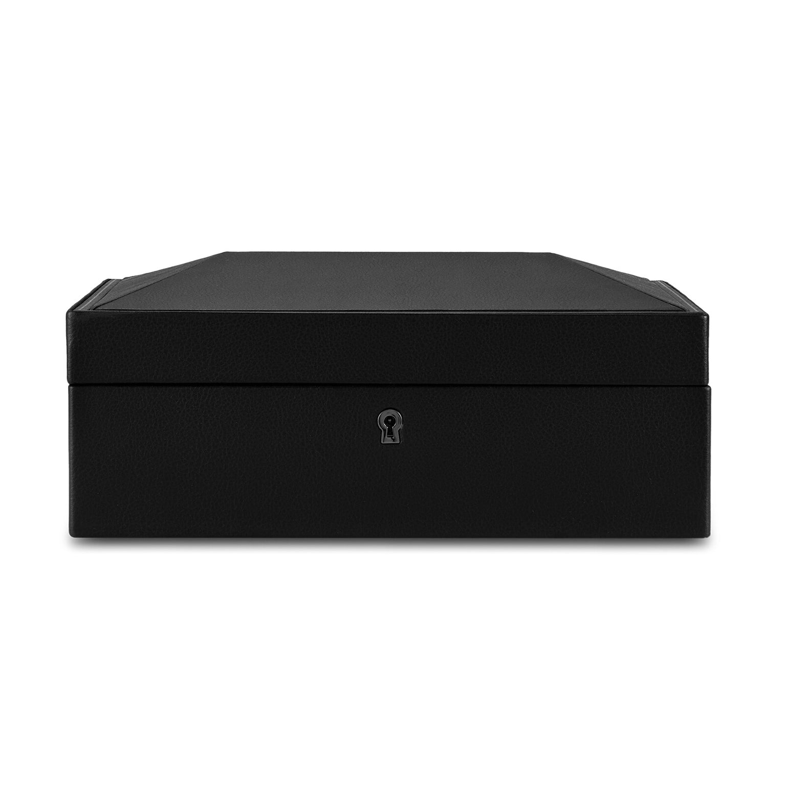 The WOLF British Racing 8 Piece Watch Box is a closed black rectangular case with a keyhole on the front, shown from the front view.