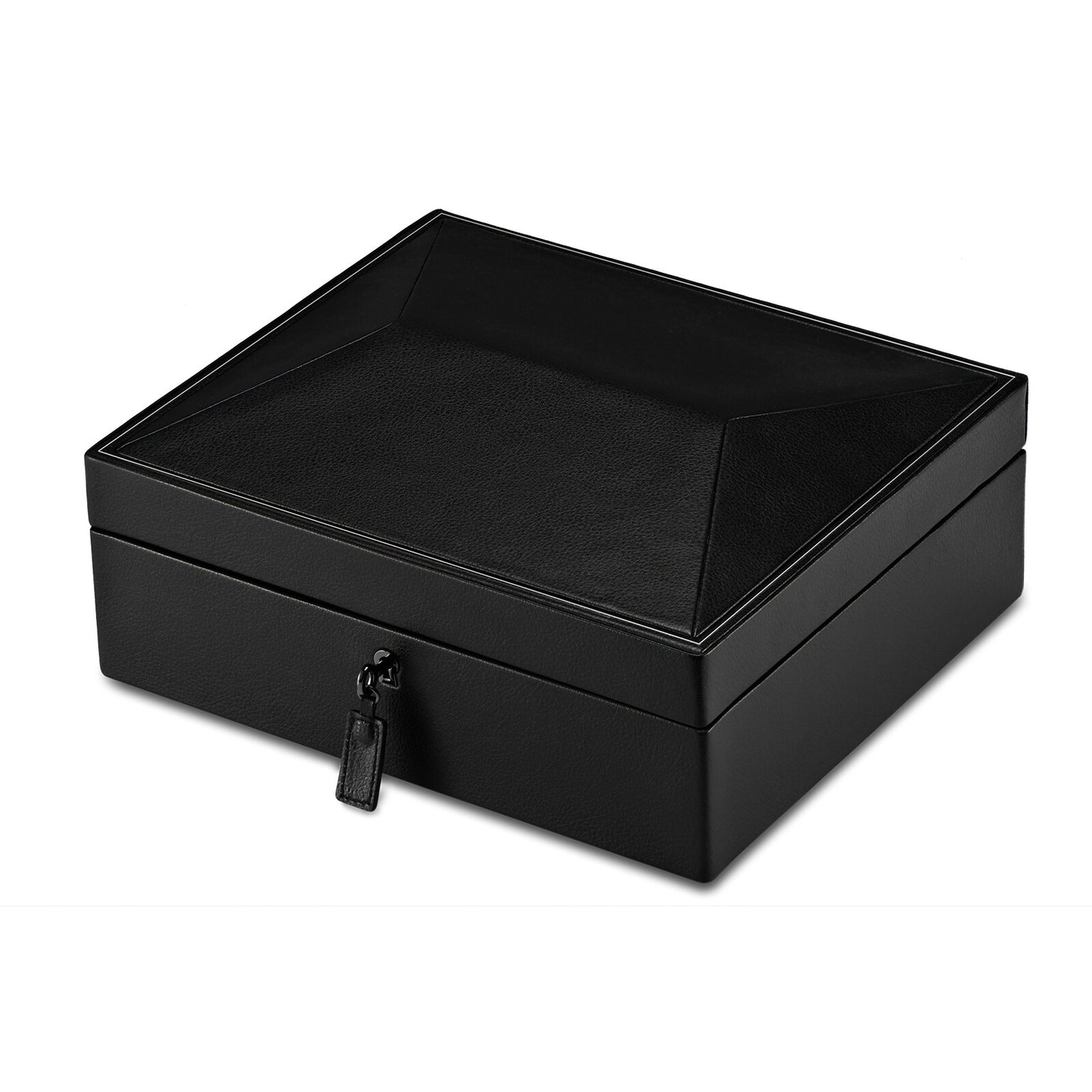 The WOLF British Racing 8 Piece Watch Box, a black rectangular leather case with a lock and tag, is displayed on a white background.