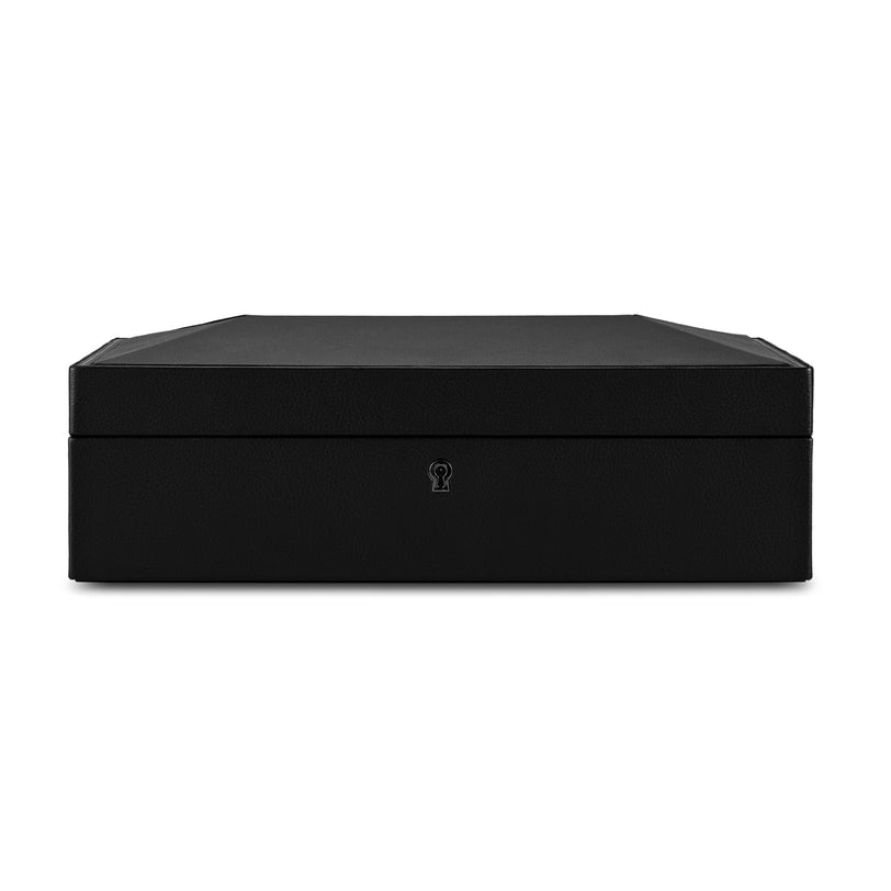 The WOLF British Racing 10 Piece Watch Box is a closed, rectangular black box featuring a small keyhole centered on the front.