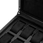 Close-up of the WOLF British Racing 10 Piece Watch Box in black, featuring several empty cushioned slots for storing watches.