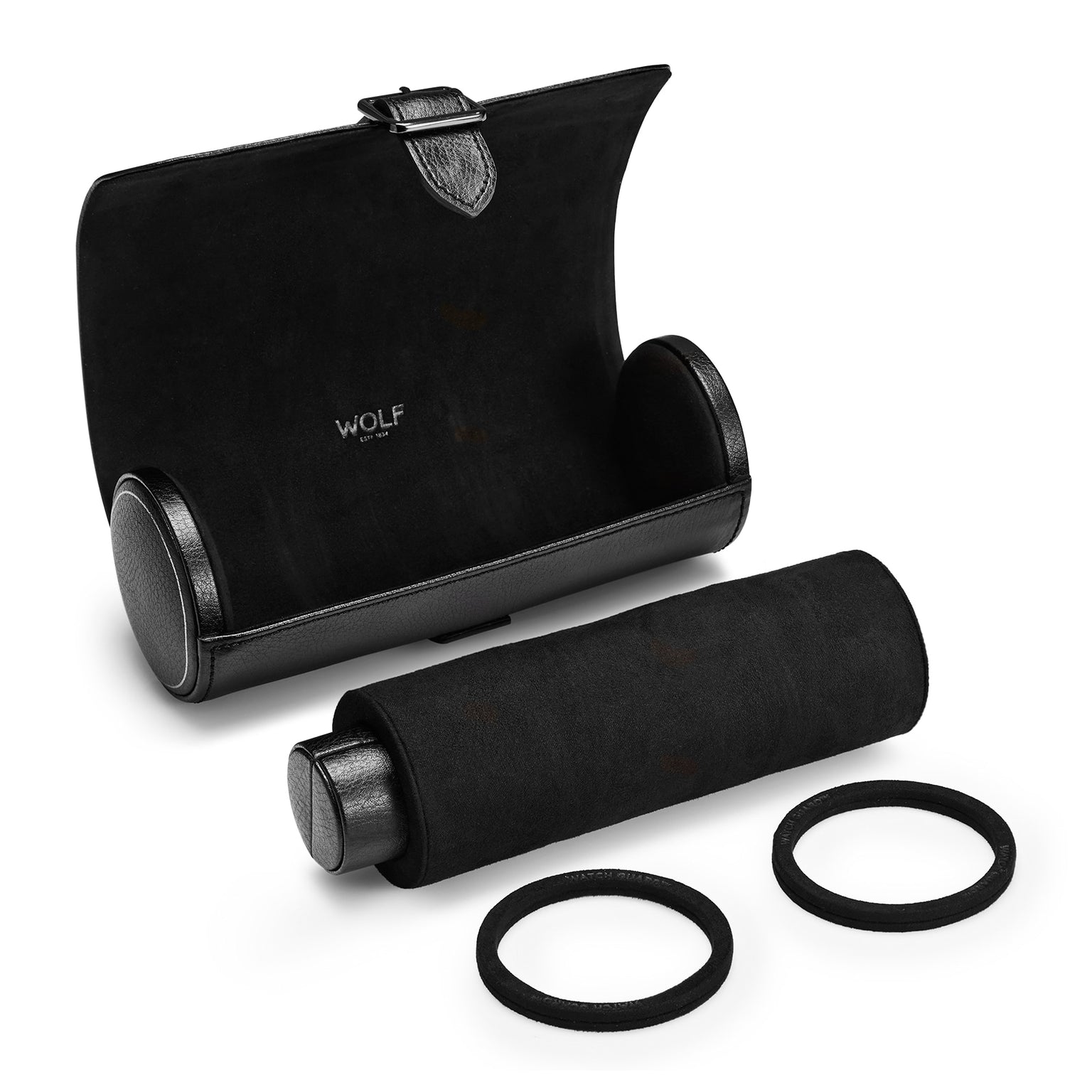 The WOLF British Racing Triple Watch Roll features black leather, a cylindrical cushion, an open case, and two removable watch rings for secure watch storage while traveling.