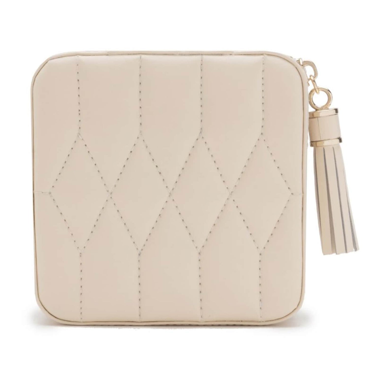The WOLF Caroline Zip Travel Case is a beige, quilted square pouch featuring a zipper closure and a tassel keychain on the side.