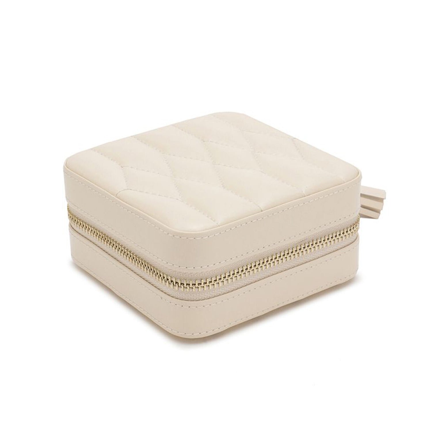 WOLF Caroline Zip Travel Case, a beige quilted square jewelry box with zipper closure, displayed on a white background.