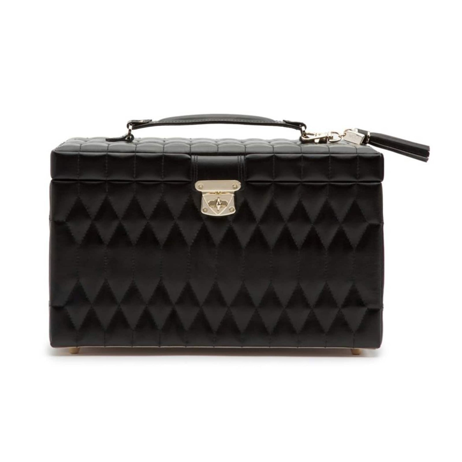 The Caroline Large Jewellery Case by WOLF features black quilted leather, a top handle, silver clasp, and a geometric diamond pattern.