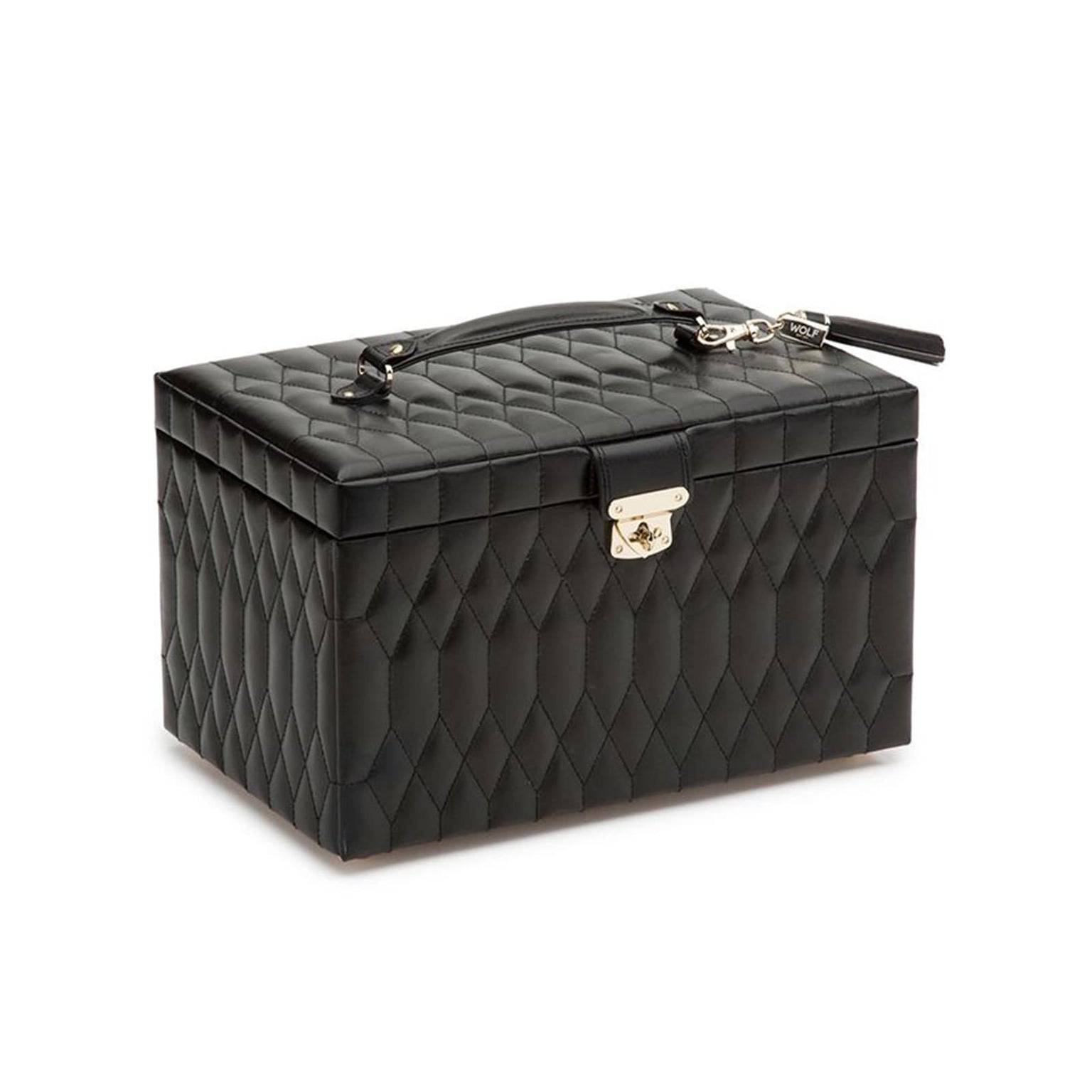 The WOLF Caroline Large Jewellery Case features black quilted leather, a sturdy handle, and a gold clasp lock on the front.