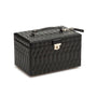 The WOLF Caroline Large Jewellery Case features black quilted leather, a sturdy handle, and a gold clasp lock on the front.