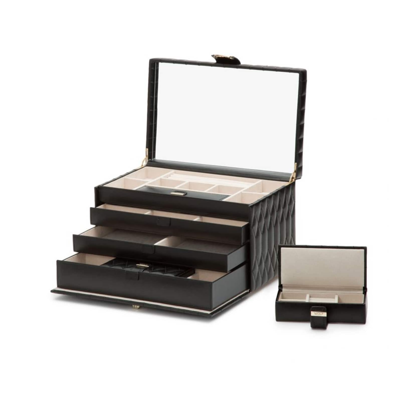 The WOLF Caroline Large Jewellery Case, shown with its lid open and featuring multiple drawers and compartments, sits beside a matching smaller box.