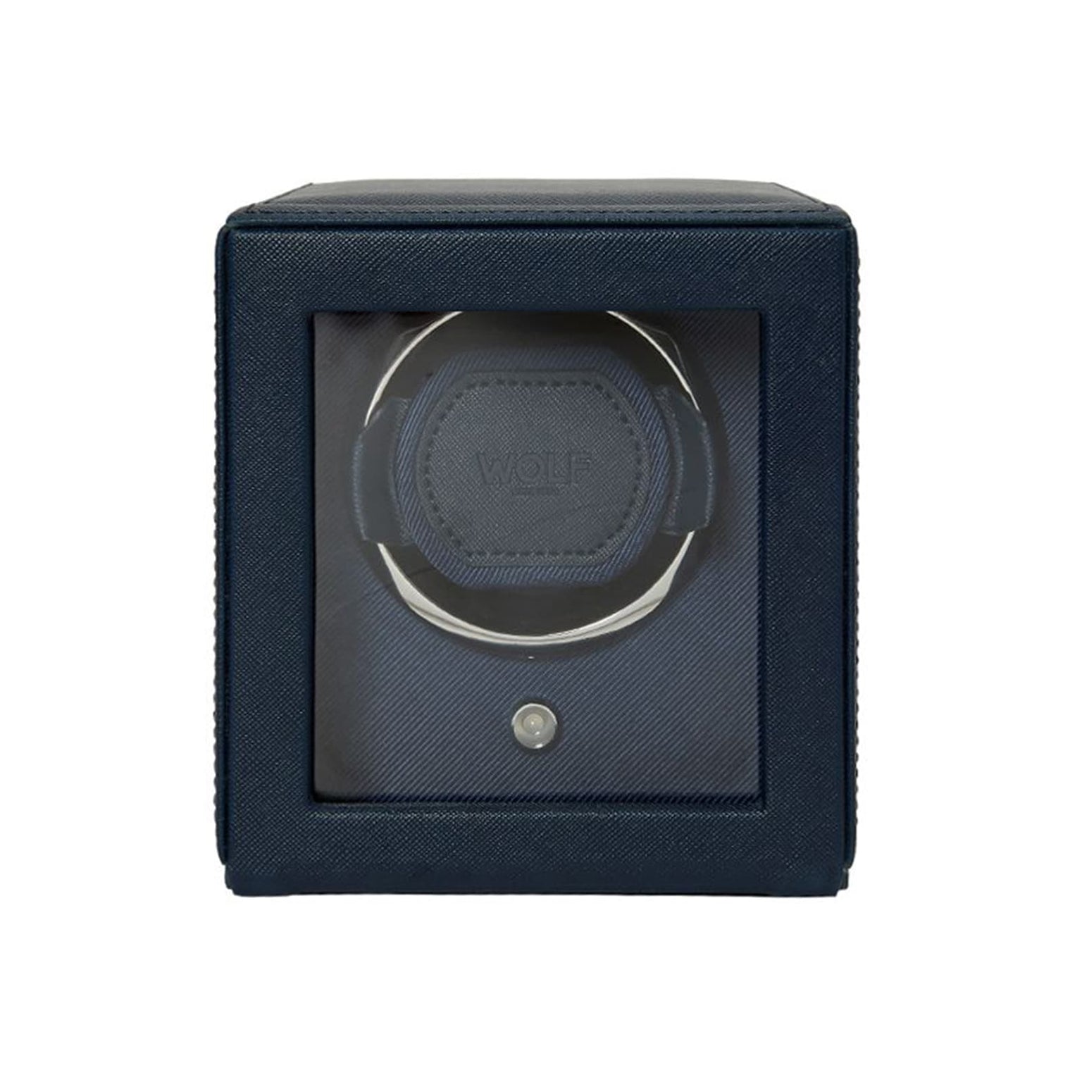 Navy blue WOLF Cub Single Watch Winder with Cover, featuring a transparent front that displays the watch holder inside.