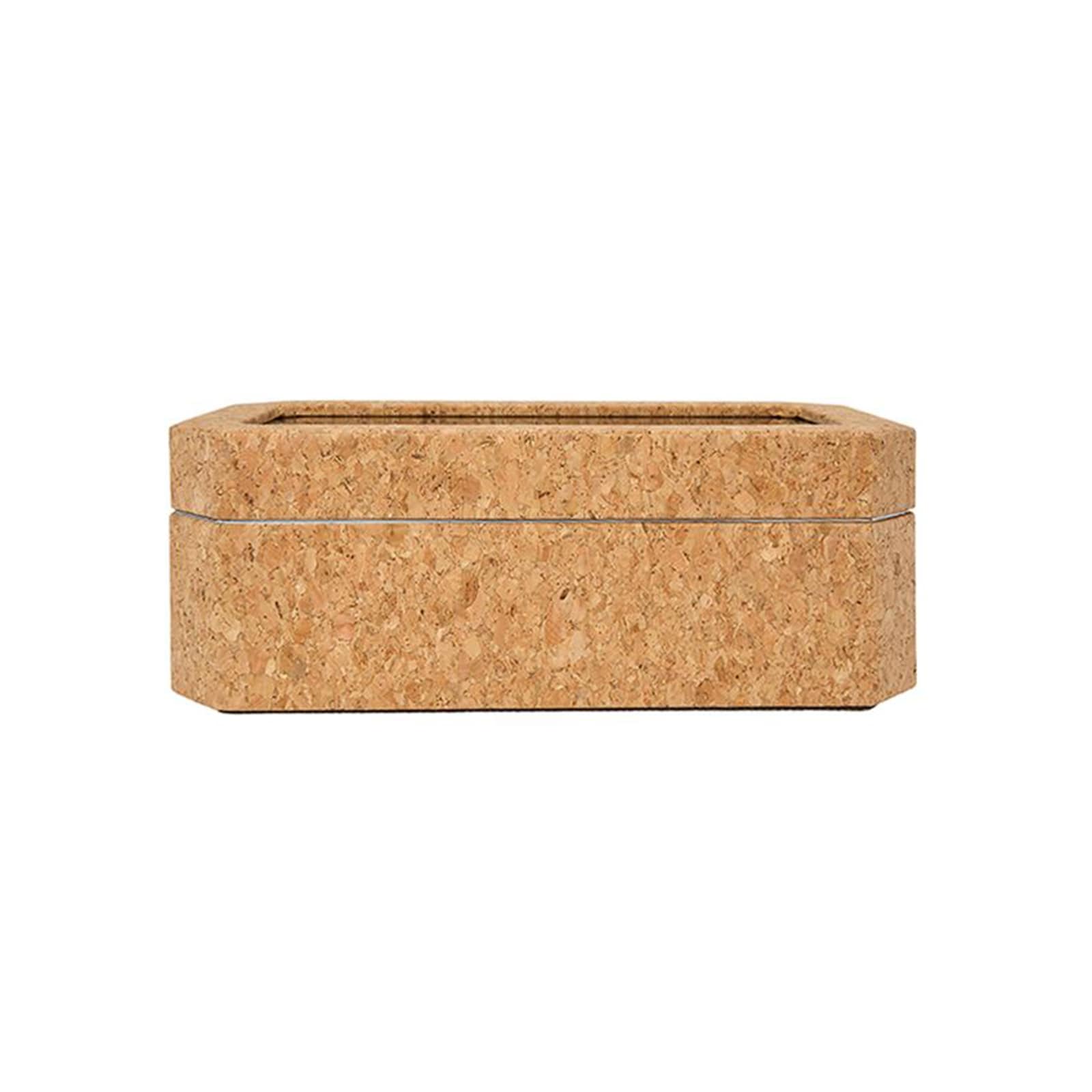 The WOLF Cortica 4 Piece Watch Box, a rectangular cork storage box with a lid, is shown against a white background.