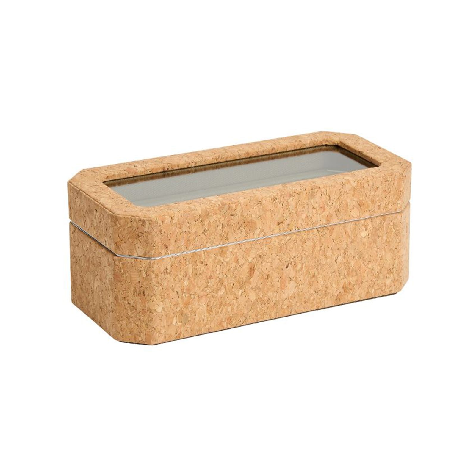 The WOLF Cortica 4 Piece Watch Box, shown closed on a white background, features a rectangular cork design with a transparent lid.
